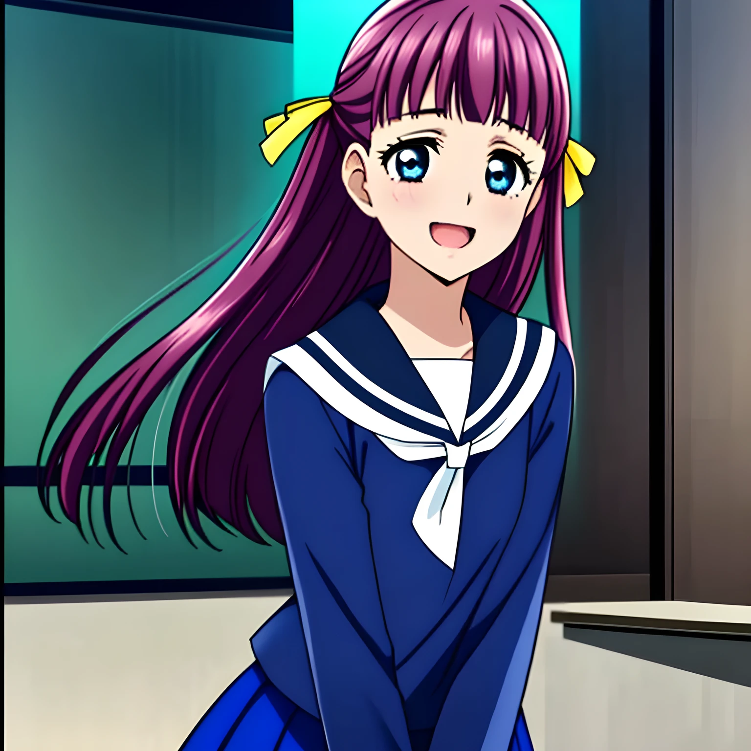 (highest quality, masterpiece, Full HD, High definition, High saturation and contrast to enhance female beauty: 1.2), (Japanese Game CG art of a solo beautiful giggling noble elegant girl wares navy sailor-styled uniform, charming elegantly, Noble Elegant but lecherous salacious insane and lascivious, sailor uniform: 1.5), (Just one very beautiful date-game noble heroine who is looking and laughing at me, Very detailed cute noble **** heroine's noble eyes and face, Beautiful giggling eyes with detailed: 1.4), (Super-long bottom-eyelashes: 1.2), (Girl whom everyone loves because of her beauty and lovely fashion and noble manner and mind of evil succubus and magical-charm of evil succubus: 1.0), (Very beautiful, wavy, cutely super-super-long dark-dark-blue-dark-blue rich hair, with elegant hair ribbons, spreading on whole the screen: 1.3), (Laughing very beautiful and sapphire-blue mature intelligent cute-eyes which charms and enslave me inevitably, with clearly detailed: 1.4), (Eyes are clearly detailed), (very long eyelashes: 1.0), (Realistic noble neat noble school navy-colored sailor uniform with a noble expensive glossy red ribbon on the chest: 1.4), (Realistic Charming neat navy-colored deeply pleated long expensive school skirt: 1.5), (Soprano singer of classic music: 1.6), (Can't stop giggling: 1.6), Clear skin, (Nothing except black background: 1.5), (Navy-colored tops and cute collar of sailor-uniform: 1.6)