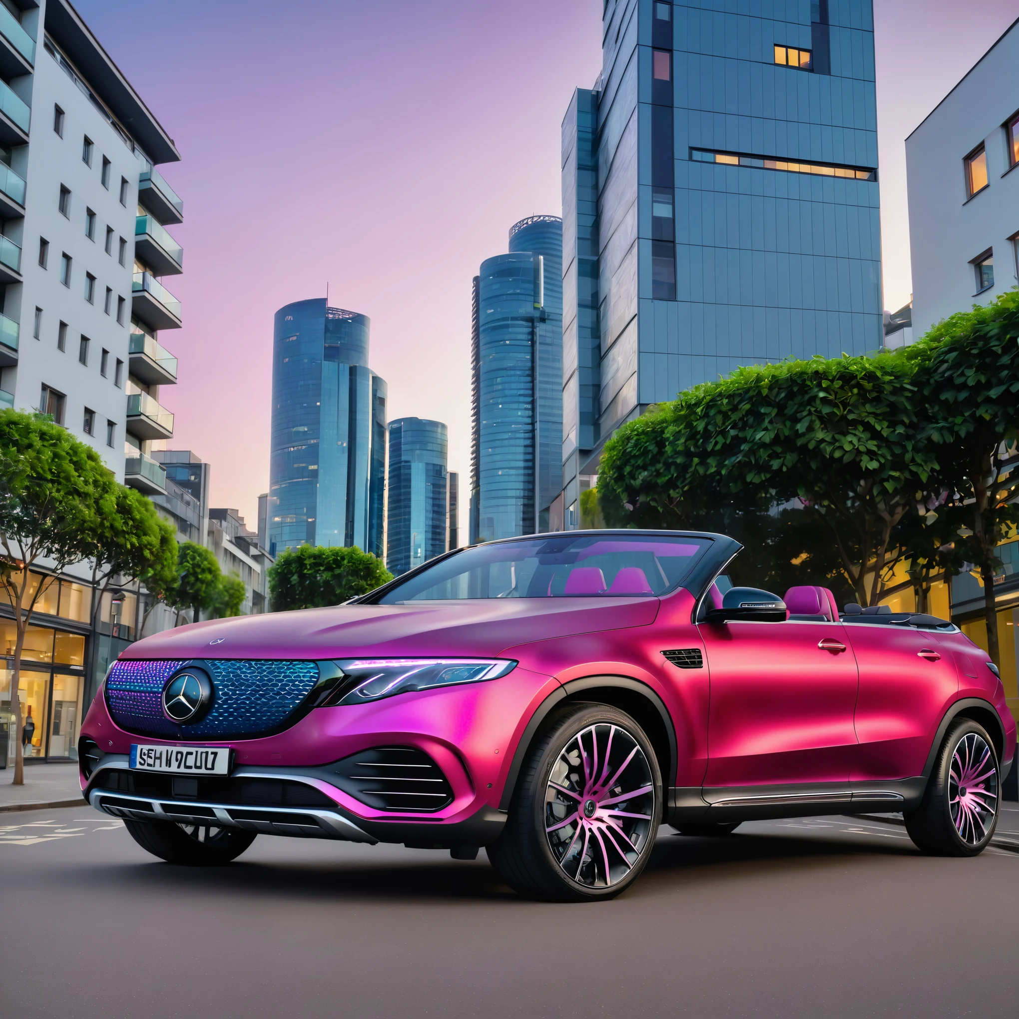 mercedes eqc suv parked in a city street, publicity photo, mercedes benz eqc, convertible, roof lowered, geometric honeycomb grille, metallic matte paint, vertical ombre colour scheme, ombre fuschia pink (bottom) to charcoal (top), pink-tinged headlights, pink underbody lights, matching alloy wheels, evenly spaced spokes, brightly coloured alloy wheels, vibrant and dynamic, high quality picture, beautiful, artistic render, rendering