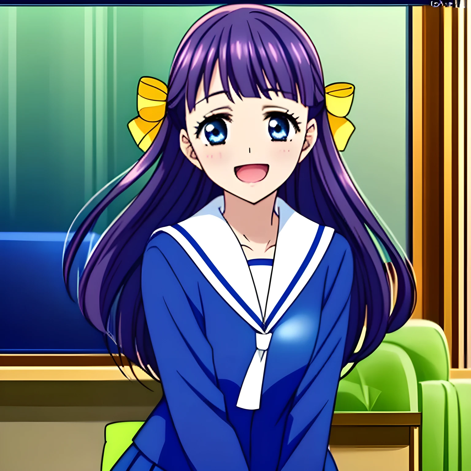 (highest quality, masterpiece, Full HD, High definition, High saturation and contrast to enhance female beauty: 1.2), (Japanese Game CG art of a solo beautiful giggling noble elegant girl wares navy sailor-styled uniform, charming elegantly, Noble Elegant but lecherous salacious insane and lascivious, sailor uniform: 1.5), (Just one very beautiful date-game noble heroine who is looking and laughing at me, Very detailed cute noble yo heroine's noble eyes and face, Beautiful giggling eyes with detailed: 1.4), (Super-long bottom-eyelashes: 1.2), (Girl whom everyone loves because of her beauty and lovely fashion and noble manner and mind of evil succubus and magical-charm of evil succubus: 1.0), (Very beautiful, wavy, cutely super-super-long dark-dark-blue-dark-blue rich hair, with elegant hair ribbons, spreading on whole the screen: 1.3), (Laughing very beautiful and sapphire-blue mature intelligent cute-eyes which charms and enslave me inevitably, with clearly detailed: 1.4), (Eyes are clearly detailed), (very long eyelashes: 1.0), (Realistic noble neat noble school navy-colored sailor uniform with a noble expensive glossy red ribbon on the chest: 1.4), (Realistic Charming neat navy-colored deeply pleated long expensive school skirt: 1.5), (Soprano singer of classic music: 1.6), (Can't stop giggling: 1.6), Clear skin, (Nothing except black background: 1.5), (Navy-colored tops and cute collar of sailor-uniform: 1.6)