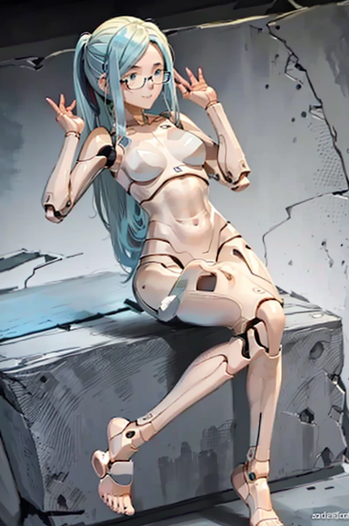 android, beautiful robot. android with blue eyes. Her short brown short pigtails are very short and tied with two big red clothespins, joint seam, black eyes, full body figure, Height: 160cm, She wears nothing without micro mini pantie, show pantie, Uplifting, 1970s japan retro animation, she wares nothing. she smiles purely. She is barefoot. Her legs behind head. M-shaped legs_sitting. She wares metal flame glasses.