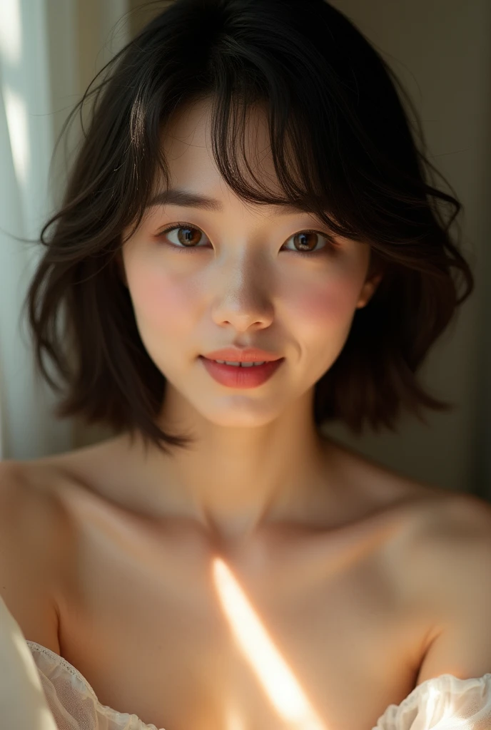 A beautiful Japanese woman with a bob haircut, naked under natural light, is smiling gently.。she２０She is wearing hairpins in her hair at the age of。