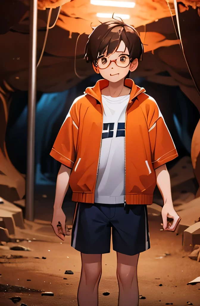 最high quality, high quality, boy、Focus on people、 , alone、、 、 Brown Hair,Asymmetrical bangs、orange shirt、Navy blue jacket、White trousers、sneakers、Red glasses、 Brown eyes, Surprised face、Dark underground cave background