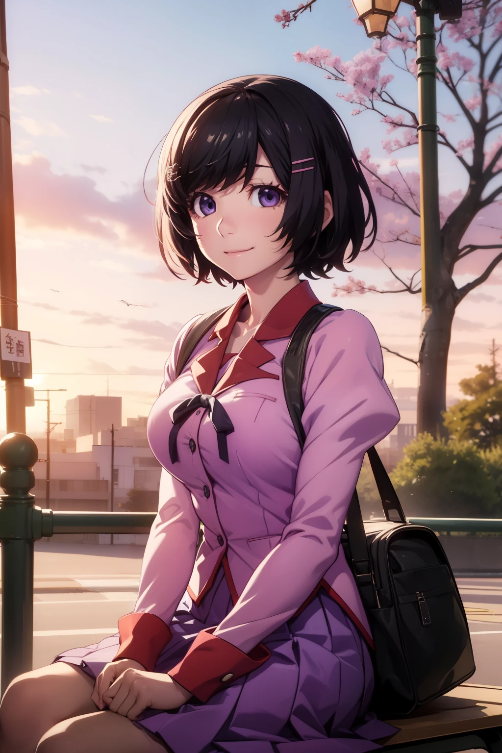 Anime painting、masterpiece、Highest quality、High resolution、detailed、One girl、solo、Staring at the audience、smile、hanekawa01、short hair、Big Breasts:1.2、skirt、Black Hair、Pink Shirt、hair ornaments、School uniforms、Purple Eyes、Barrette、Long sleeve、Puff sleeves、Juliet Sleeve、Naoetsu High School uniform、Close-up、sitting on a park bench、A thin black school bag on her lap、The background is a fantastic pink sky