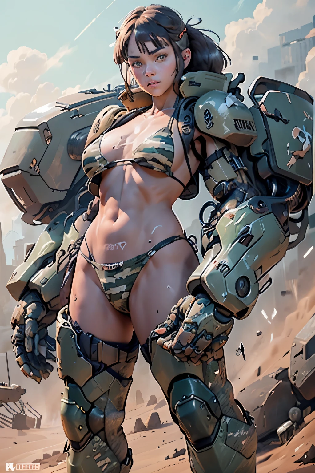 Beautiful woman in a slingshot bikini with camo patterns, mechanical bikini with camo patterns, tattered military gear, mechanized soldier girl, oversized mechanical exoskeleton oversized robotic gauntlet arms and robotic boots legs with camo patterns, inspired by Masamune Shirow, girl in mecha armor with camo patterns, mechanized valkyrie girl, cushart kenz, cool mecha style, bikini-armor with camo patterns, infantry girl, Bare Skin, Athletic Well Toned Body, sweaty skin, Barely Clothed, cammo patterns, Beautiful Face, dieselpunk Theme, Fiverr Dnd Character, Octane Render, Digital Art, Extreme Detail, 4k, Ultra Hd, Polished, Beautiful, Hyperdetailed, Intricate, Elaborate, Meticulous, Photorealistic, Sharp Focus, Wlop, Character Design, Unreal Engine, 3d Rendered, Volumetric Lighting, Reflections, Glossy, Digital Illustration, Pose, Suggestive Pose, Lewd, Full Body Shot, naked, vissible nipples, puffy vagina, anatomically correct 💖❤💕💋