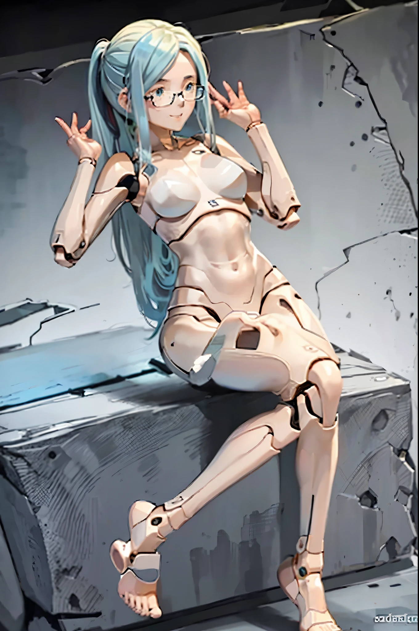 android, beautiful robot. android with blue eyes. Her short brown short pigtails are very short and tied with two big red clothespins, joint seam, black eyes, full body figure, Height: 160cm, She wears nothing without micro mini pantie, show pantie, Uplifting, 1970s japan retro animation, she wares nothing. she smiles purely. She is barefoot. Her legs behind head. M-shaped legs_sitting. She wares metal flame glasses.