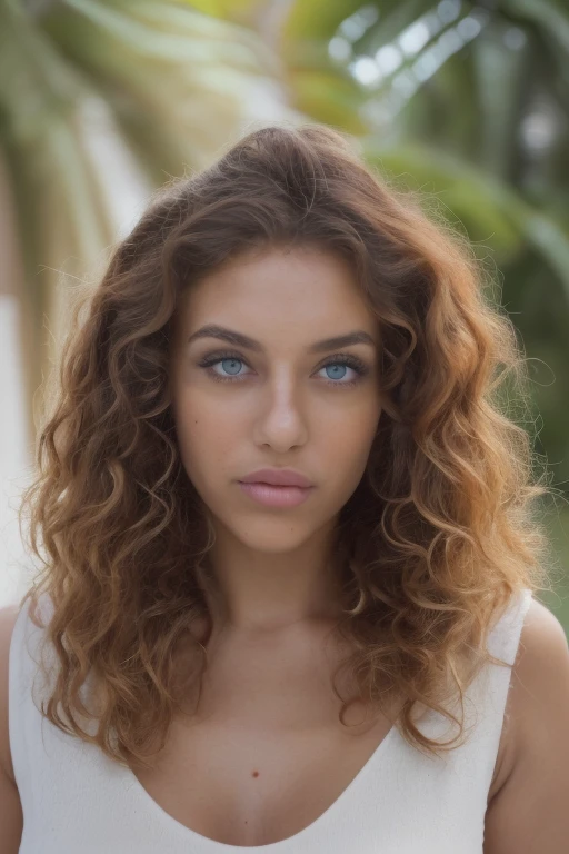 a high quality, hyper-realistic, 8k photograph of a beautiful young woman with striking green eyes, full lips, long curly hair, and delicate facial features, wearing a sleeveless blouse and long skirt, shot with a Nikon D3000 camera in perfect lighting conditions, highly detailed, symmetrical face, charming expression, glowing skin, textured skin, UHD, full body