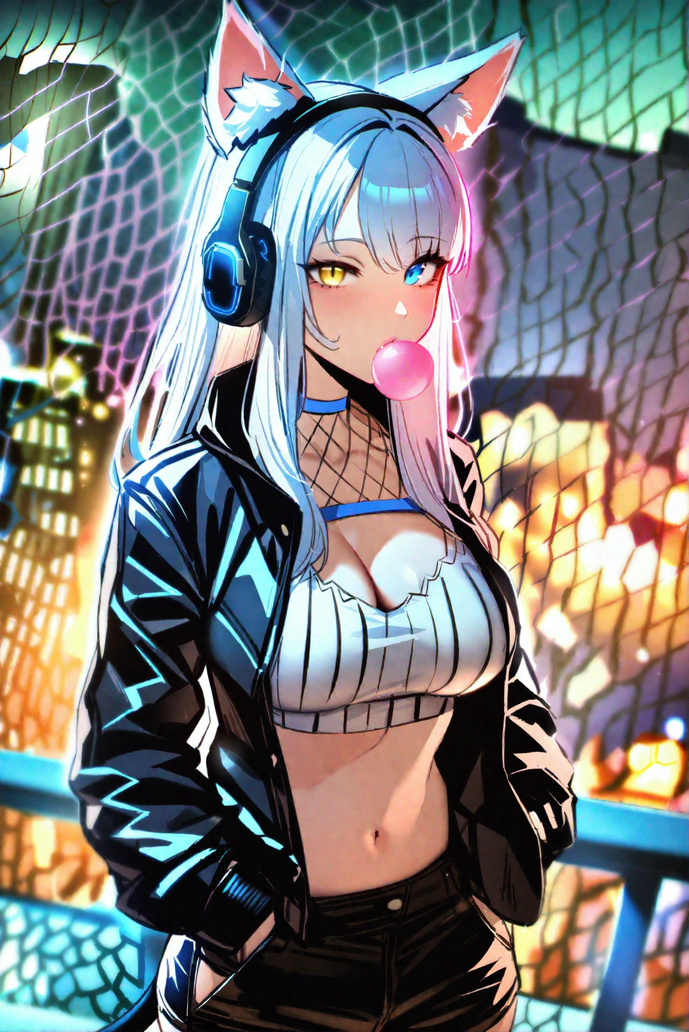 Masterpiece, UHD, anatomically correct, super detail, perfect details, special details, top quality, high qual, high quality, best detail, best quality, 8k, 1080P, 16k, award winning, highres, bright mood, mature girl, long white hair, black cat ears headset with blue glowing LEDs, Heterochromia iridum, odd-eye, her left eye is yellow and right eye is blue, blue-black clothing colors, white crop top, breast cleavage, fishnet collar, black jacket, black shorts, black cat tail, open belly, blue pattern on jacket, blue neon choker, black thighhighs, blowing green bubble gum, hands in pocket, standing, provocative pose, night, skyline, fence, cat sitting on fence and looking at viewer, detailed background,