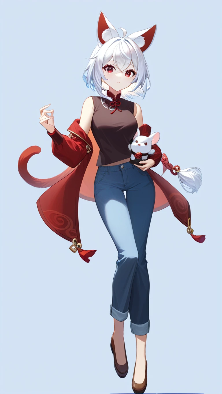 absurd res, high res, (masterpiece:1.4) (/genshin impact/), casual chinese attire, white hair, red eyes, white mouse ears, chinese vibe , full body