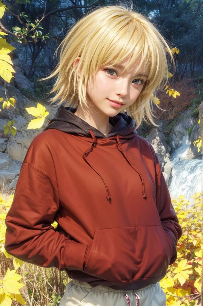 masterpiece, best quality, (realistic,photo-realistic:1.4), (RAW photo:1.2), extremely detailed CG unity 8k wallpaper, delicate and beautiful, amazing,finely detail, official art, absurdres, incredibly absurdres, huge filesize, ultra-detailed,extremely detailed eyes and face,light on face,cagalli,(little smile),(blonde hair:1.4),(short hair:1.4),(wearing hoodie:1.3),(nature background:1.4),red ribbon