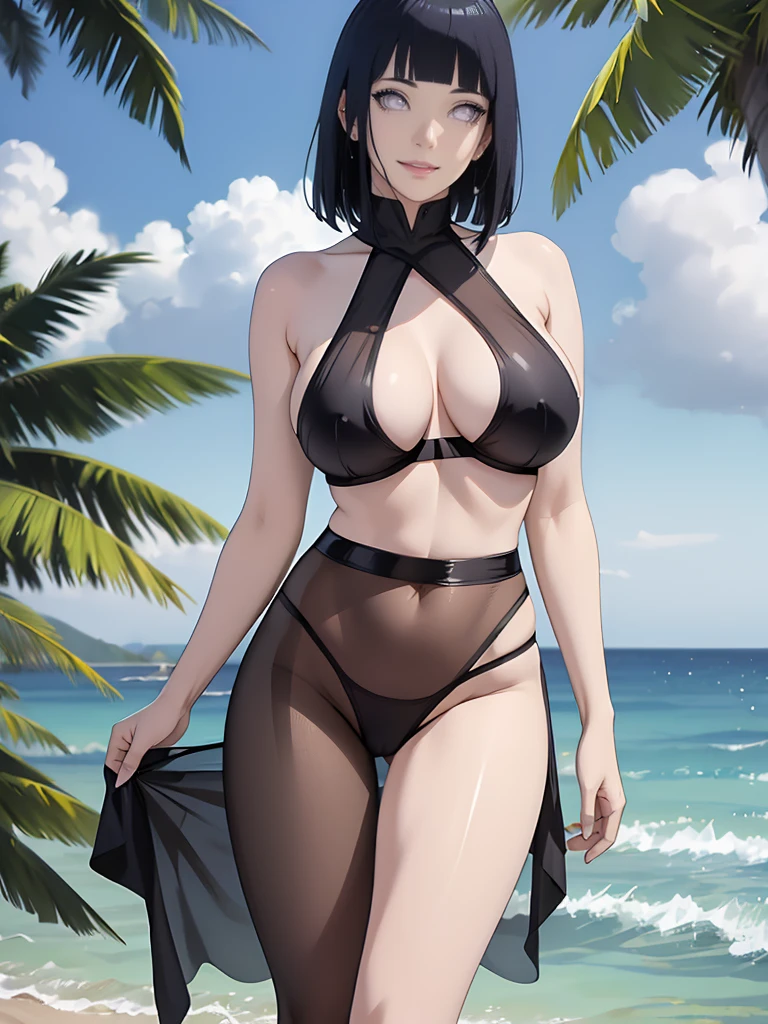 1girl, milf, shy, hair over one eye, red eyes eyes, tomboy Pixie haircut, very Short hair, black hair, black choker ,white tank top, belly, huge breast, thicc legs, black lipstick, pose squating, arms up, blushing, micro bikini, beach background 