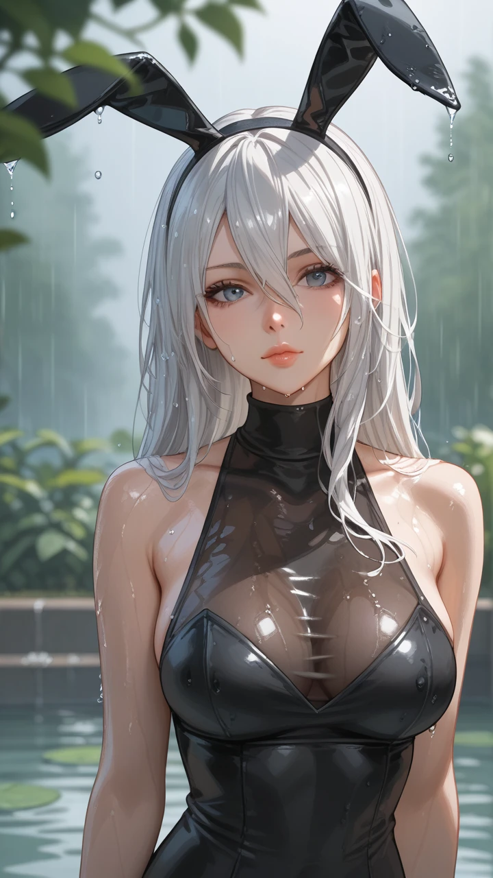 score_9, score_8_up, score_7_up, 1girl, solo, breasts, long hair, dress,bare shoulders, medium breasts, closed mouth, bunny ears, upper body, white hair, sleeveless, mole, blurry, black dress, lips, wet, depth of field, blurry background, turtleneck, phone, wet clothes, mole under mouth, facing viewer, rain, water drop, wet hair, yorha no. Poison ivy