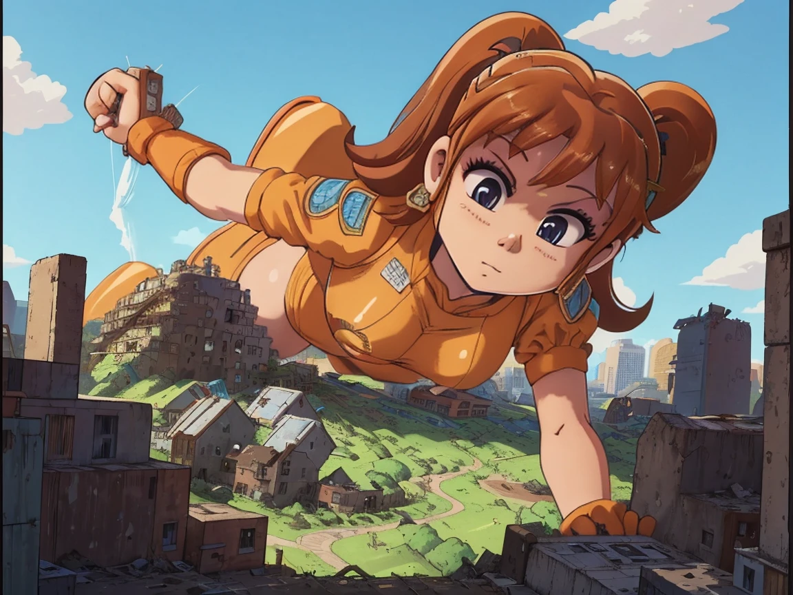 "Giantess Diane from Seven Deadly Sins in an urban setting, smiling playfully with her mouth open wide, about to eat tiny people she holds in her hands. She lies face down, towering over a small urban area, with the view from a powerful low-angle looking up at her. Diane, with her long brown hair in twin ponytails, wears her iconic orange leotard, and the scene takes place at sunset, with the warm glow casting soft shadows on her. Tiny residents flee in terror as buildings crumble under her massive form, and rubble scatters throughout the streets. Diane blushes slightly, enjoying her power over the tiny city, lifting a tiny person toward her mouth. The environment is filled with steam and the remnants of destruction, with a close-up of her mischievous, smiling face. The scale difference is emphasized by the rubble of collapsed buildings around her, giving a sense of horror and awe as she playfully dominates the small metropolis."