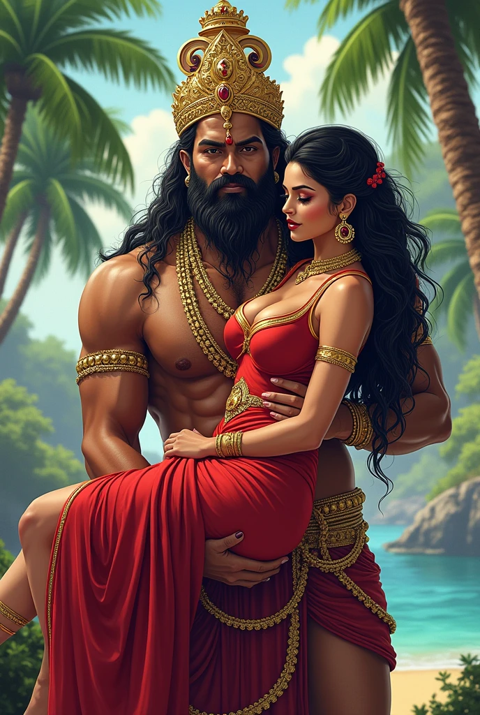 A handsome couple, standing on a river bank, woman, Lucy Pinder, completely naked, breasts visible, trees in background, man, handsome, robust, shirt less, wearing a white dhoti, full body view, head to toe, long black hair , front view, daylight, realistic, shade lights, high resolution, by Louis Royo, by Boris Vallejo, by Frank Frazetta