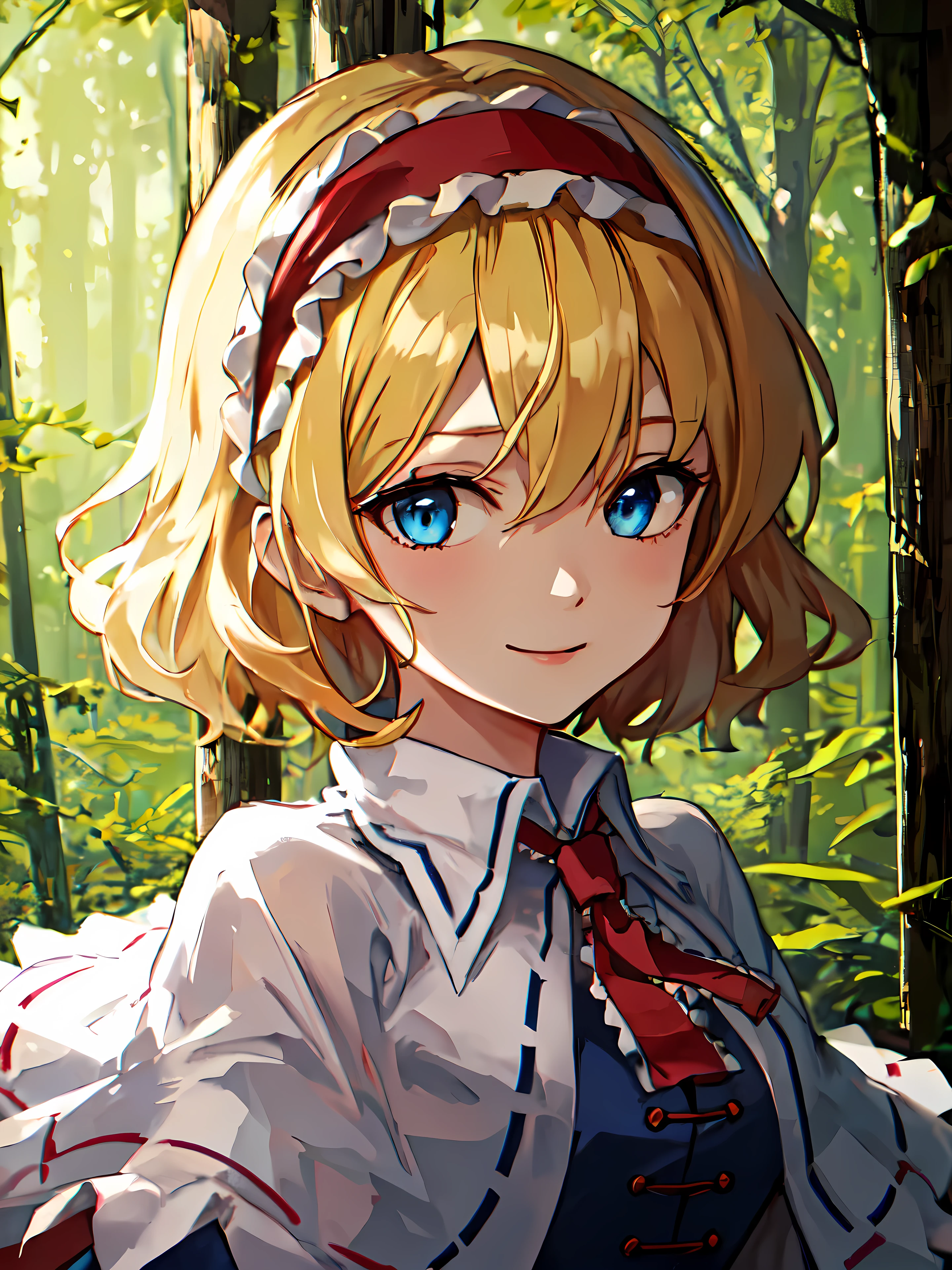 (high-quality, breathtaking),(expressive eyes, perfect face), (1girl), front facing, (pov), best quality, masterpiece, highres, solo, {alice_margatroid_touhou:1.15}, blonde_hair, short_hair, (wavy_hair), fluffy_hair, hairband, blue_eyes, white capelet, neck ribbon, frills, outdoors, looking at viewer, forest, daylight, warm colors, smile, standing up