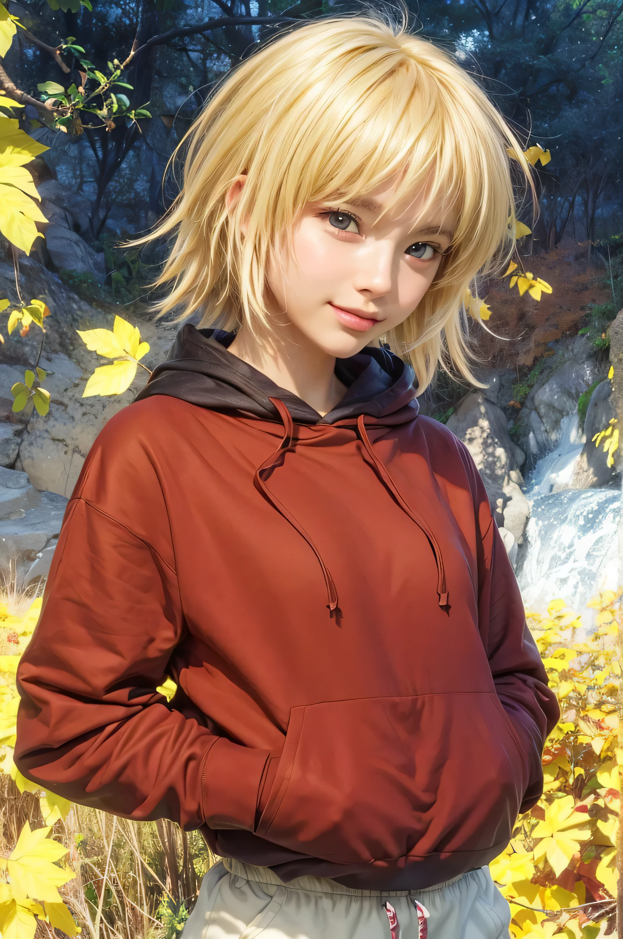 masterpiece, best quality, (realistic,photo-realistic:1.4), (RAW photo:1.2), extremely detailed CG unity 8k wallpaper, delicate and beautiful, amazing,finely detail, official art, absurdres, incredibly absurdres, huge filesize, ultra-detailed,extremely detailed eyes and face,light on face,cagalli,(little smile),(blonde hair:1.4),(short hair:1.4),(wearing hoodie:1.3),(nature background:1.4),red ribbon