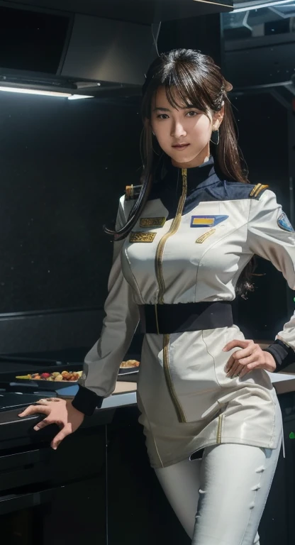 Arafe woman in uniform posing in the kitchen, wearing a space cadet costume, futuristic spaceship crew, Portrait Anime Space Cadet Girl, Inspired by Ren Mei, Wearing RR Diner uniform, white uniform, sci-fi suit, cyberpunk 2 0 7 7 wearing jacket, Pilot costume, smooth white tight clothing suit, portrait, armored astronaut, girl, sci-fi suit