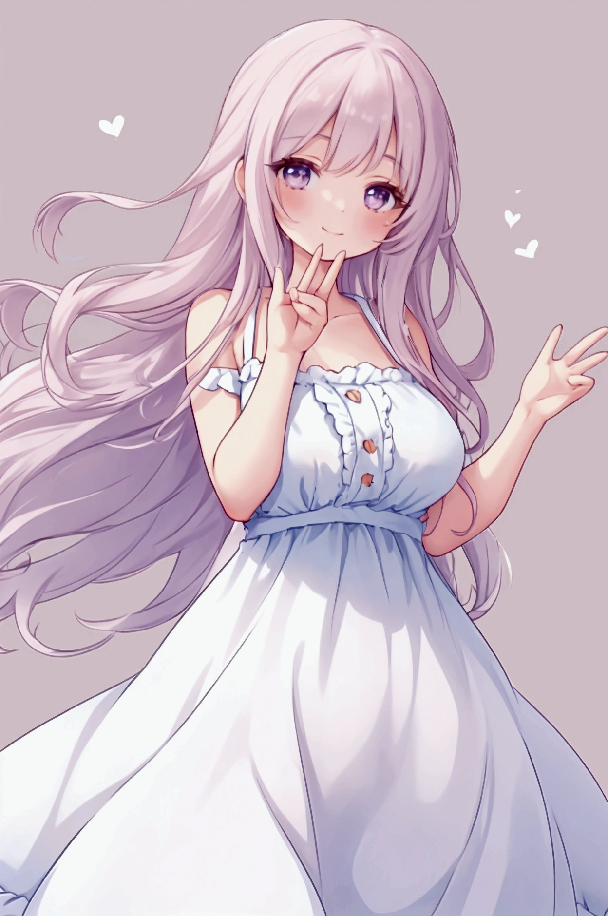 A cute young woman with a warm smile, facing forward and gently beckoning with one hand. She has big, bright eyes, long flowing hair, and is wearing a casual, pastel-colored dress. The background is soft and simple to emphasize her gesture.