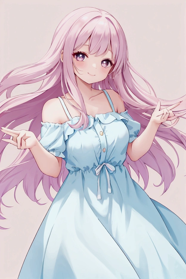 A cute young woman with a warm smile, facing forward and gently beckoning with one hand. She has big, bright eyes, long flowing hair, and is wearing a casual, pastel-colored dress. The background is soft and simple to emphasize her gesture.