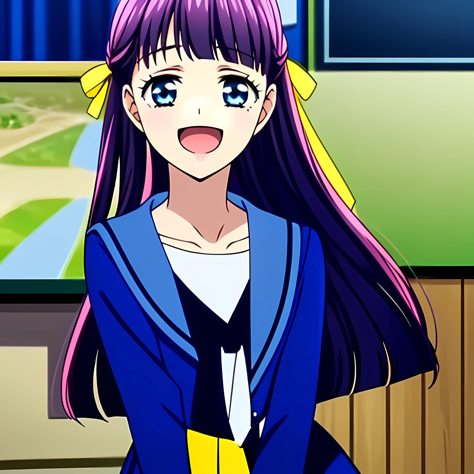 (highest quality, masterpiece, Full HD, High definition, High definition: 1.2), (Beautiful CG art of a solo beautiful giggling noble elegant girl wares navy sailor-styled uniform, charming elegantly, Noble Elegant but lecherous salacious insane and lascivious, sailor uniform: 1.5), (Just one very beautiful noble heroine who is looking and laughing at me, Very detailed cute noble yo heroine's noble eyes and face, Beautiful giggling eyes with detailed: 1.4), (Super-long bottom-eyelashes: 1.2), (Girl whom everyone loves because of her beauty and lovely fashion and noble manner and mind of evil succubus and magical-charm of evil succubus: 1.0), (Very beautiful, wavy, cutely super-super-long dark-dark-blue-dark-blue rich hair, with elegant hair ribbons, spreading on whole the screen: 1.3), (Laughing very beautiful and sapphire-blue mature intelligent cute-eyes which charms and enslave me inevitably, with clearly detailed: 1.4), (Eyes are clearly detailed), (very long eyelashes: 1.0), (Realistic noble neat noble school navy-colored sailor uniform with a noble expensive glossy red ribbon on the chest: 1.4), (Realistic Charming neat navy-colored deeply pleated long expensive school skirt: 1.5), (Soprano singer of classic music: 1.6), (Can't stop giggling: 1.6), Clear skin, (Nothing except black background: 1.5), (Navy-colored tops and Navy-colored cute collar of sailor-uniform: 1.6)