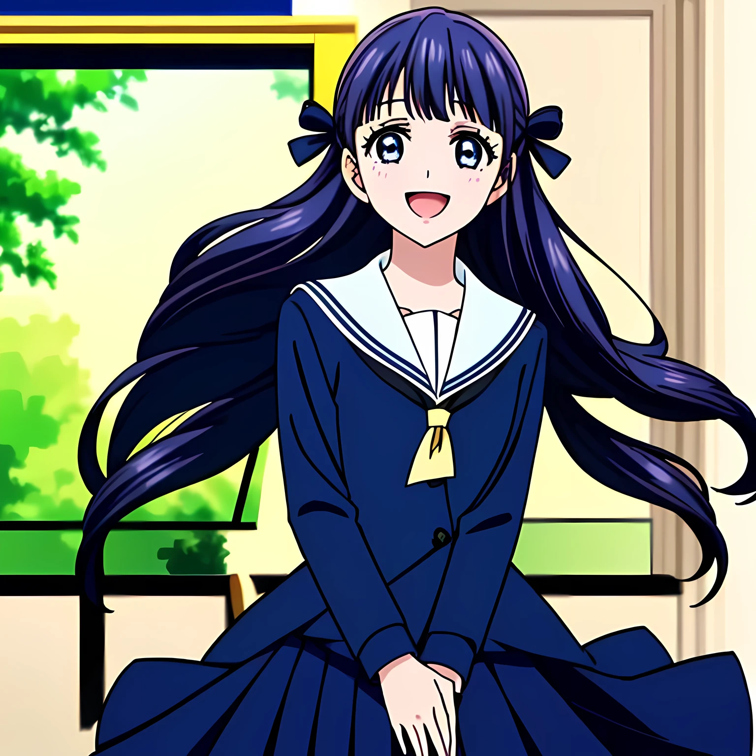 (highest quality, masterpiece, Full HD, High definition, High definition: 1.2), (Beautiful CG art of a solo beautiful giggling noble elegant girl wares navy sailor-styled uniform, charming elegantly, Noble Elegant but lecherous salacious insane and lascivious, sailor uniform: 1.5), (Just one very beautiful noble heroine who is looking and laughing at me, Very detailed cute noble **** heroine's noble eyes and face, Beautiful giggling eyes with detailed: 1.4), (Super-long bottom-eyelashes: 1.2), (Girl whom everyone loves because of her beauty and lovely fashion and noble manner and mind of evil succubus and magical-charm of evil succubus: 1.0), (Very beautiful, wavy, cutely super-super-long dark-dark-blue-dark-blue rich hair, with elegant hair ribbons, spreading on whole the screen: 1.3), (Laughing very beautiful and sapphire-blue mature intelligent cute-eyes which charms and enslave me inevitably, with clearly detailed: 1.4), (Eyes are clearly detailed), (very long eyelashes: 1.0), (Realistic noble neat noble school navy-colored sailor uniform with a noble expensive glossy red ribbon on the chest: 1.4), (Realistic Charming neat navy-colored deeply pleated long expensive school skirt: 1.5), (Soprano singer of classic music: 1.6), (Can't stop giggling: 1.6), Clear skin, (Nothing except black background: 1.5), (Navy-colored tops and Navy-colored cute collar of sailor-uniform: 1.6)