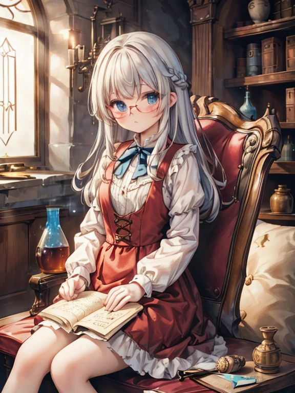 masterpiece, Highest quality, Very detailed, 8k, Ultra-high resolution, Cowboy Shot, One Girl, Detailed face, Perfect Fingers, blue eyes, Glasses, Silver Hair, Long Hair,  Braiding, Silk dress, Crimson Dress, Luxurious Western-style building, library, Bookshelf, table, (Sit on a chair:1.7), I read the book, renaissance_Alchemist_studio, victorian dress