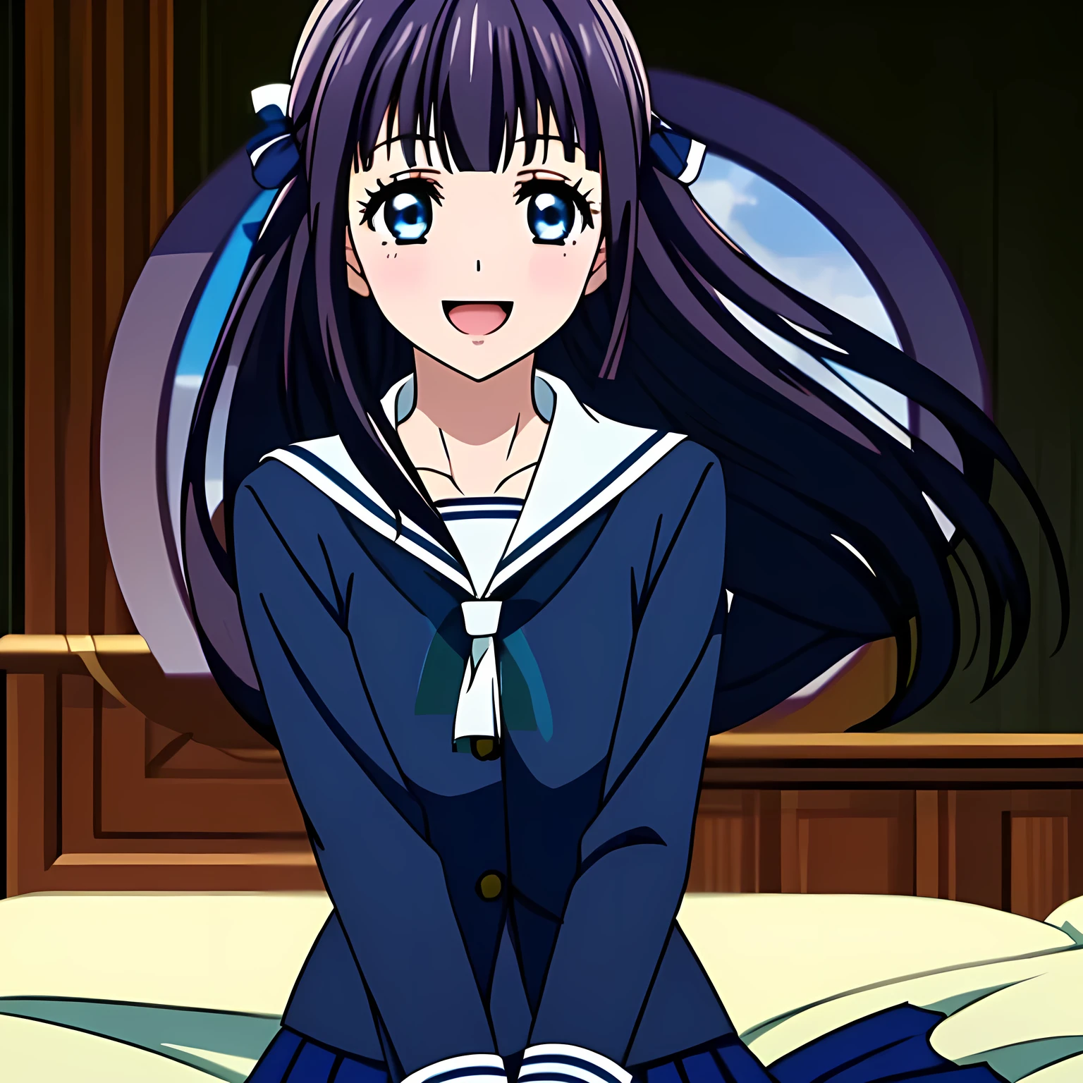 (highest quality, masterpiece, Full HD, High definition, High definition: 1.2), (Very carefully drawn CG art of a solo beautiful giggling noble elegant girl wares navy sailor-styled uniform, charming elegantly, Noble Elegant but lecherous salacious insane and lascivious, sailor uniform: 1.5), (Just one very beautiful noble heroine who is looking and laughing at me, Very detailed cute noble **** heroine's noble eyes and face, Beautiful giggling eyes with detailed: 1.4), (Super-long bottom-eyelashes: 1.2), (Girl whom everyone loves because of her beauty and lovely fashion and noble manner and mind of evil succubus and magical-charm of evil succubus: 1.0), (Very beautiful, wavy, cutely super-super-long dark-dark-blue-dark-blue rich hair, with elegant hair ribbons, spreading on whole the screen: 1.3), (Laughing very beautiful and sapphire-blue mature intelligent cute-eyes which charms and enslave me inevitably, with clearly detailed: 1.4), (Eyes are clearly detailed), (very long eyelashes: 1.0), (Realistic noble neat noble school navy-colored sailor uniform with a noble expensive glossy red ribbon on the chest: 1.4), (Realistic Charming neat navy-colored deeply pleated long expensive school skirt: 1.5), (Soprano singer of classic music: 1.6), (Can't stop giggling: 1.6), Clear skin, (Nothing except black background: 1.5), (Navy-colored tops and Navy-colored cute collar of sailor-uniform: 1.6)