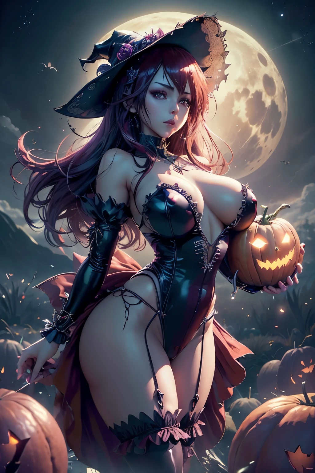 alluring beautiful halloween witch female, frilly sensual gothic striped clothes, pointy hat, barely clothed, with moon and pumkin ornaments, flying over a field filled with pumkins, fullmoon night, Fantasy Theme, Beautiful D&D Character Portrait, Ominous, Dark Fantasy, Detailed, Digital Art, Extreme Detail, Polished, Beautiful, Hyperdetailed, Intricate, Elaborate, Meticulous, Anime Character, Detailed, Anime Face, Sharp Focus, Unreal Engine, 3d Rendered, Volumetric Lighting, Reflections, Glossy, Digital Illustration, Sensual Pose, Suggestive Pose, Lewd, Full Body Shot, anatomically correct 💖❤💕💋❣