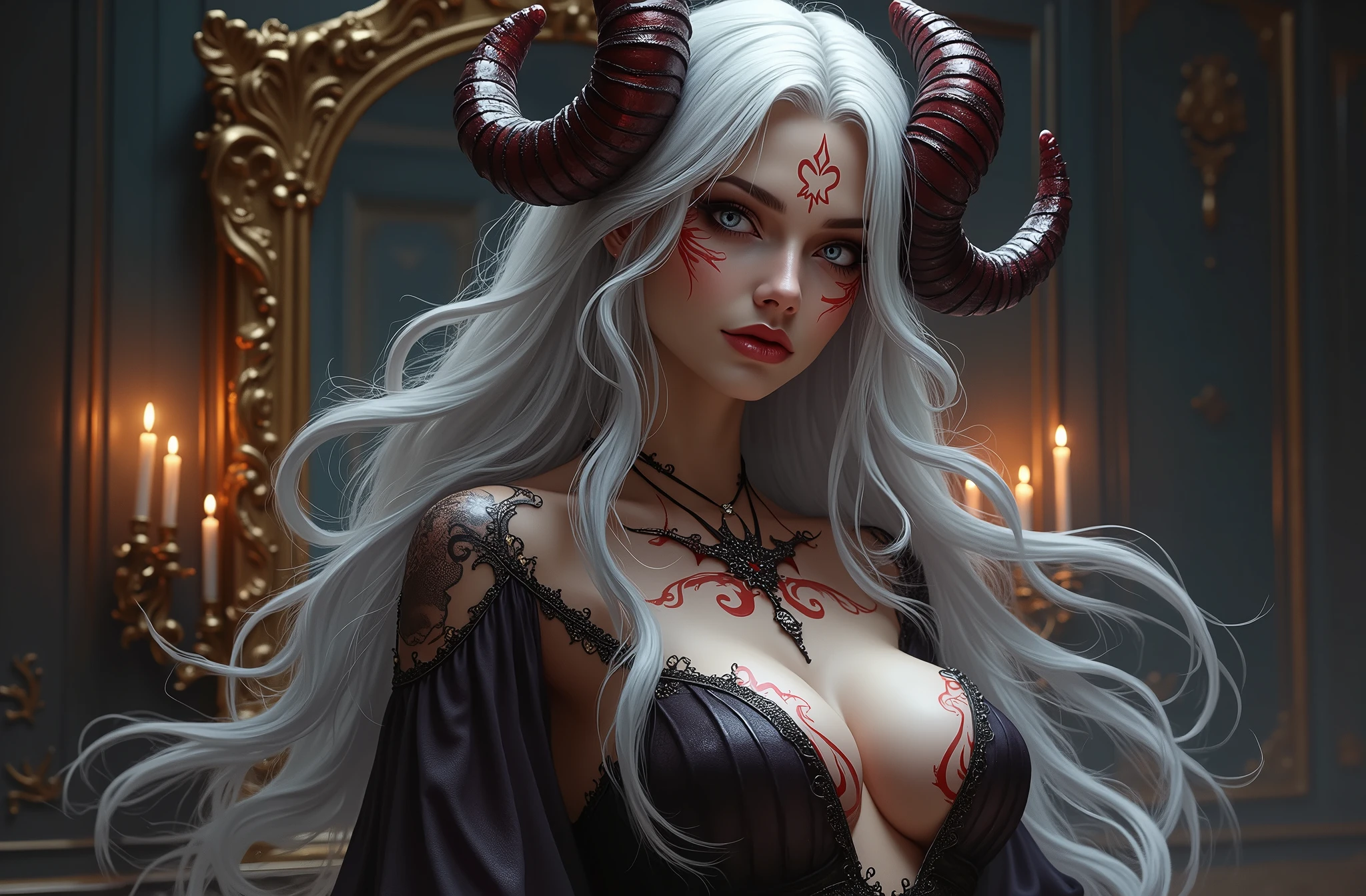 Demon woman with horns dressed in sexy elegant clothes posing for a photo in dark baroque room, baroque aesthetic, dark baroque, sensual pose, ultra detailed, photorealistic, masterpiece.