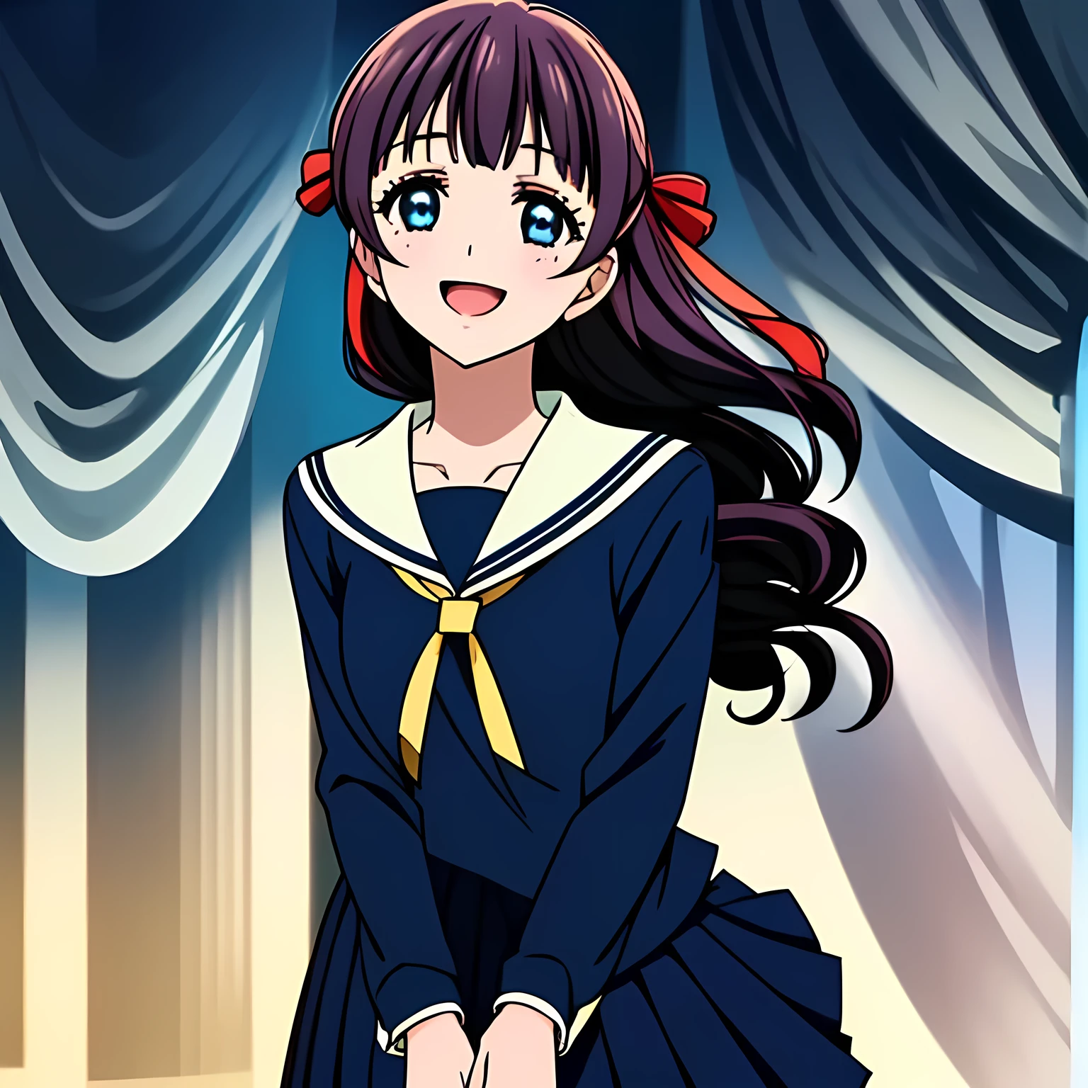 (highest quality, masterpiece, Full HD, High definition, High definition: 1.2), (Very carefully drawn CG art of a solo beautiful giggling noble elegant girl wares navy sailor-styled uniform, charming elegantly, Noble Elegant but lecherous salacious insane and lascivious, sailor uniform: 1.5), (Just one very beautiful noble heroine who is looking and laughing at me, Very detailed cute noble **** heroine's noble eyes and face, Beautiful giggling eyes with detailed: 1.4), (Super-long bottom-eyelashes: 1.2), (Girl whom everyone loves because of her beauty and lovely fashion and noble manner and mind of evil succubus and magical-charm of evil succubus: 1.0), (Very beautiful, wavy, cutely super-super-long dark-dark-blue-dark-blue rich hair, with elegant hair ribbons, spreading on whole the screen: 1.3), (Laughing very beautiful and sapphire-blue mature intelligent cute-eyes which charms and enslave me inevitably, with clearly detailed: 1.4), (Eyes are clearly detailed), (very long eyelashes: 1.0), (Realistic noble neat noble school navy-colored sailor uniform with a noble expensive glossy red ribbon on the chest: 1.4), (Realistic Charming neat navy-colored deeply pleated long expensive school skirt: 1.5), (Soprano singer of classic music: 1.6), (Can't stop giggling: 1.6), Clear skin, (Nothing except black vast space background: 1.5), (Navy-colored tops and Navy-colored cute collar of sailor-uniform: 1.6)