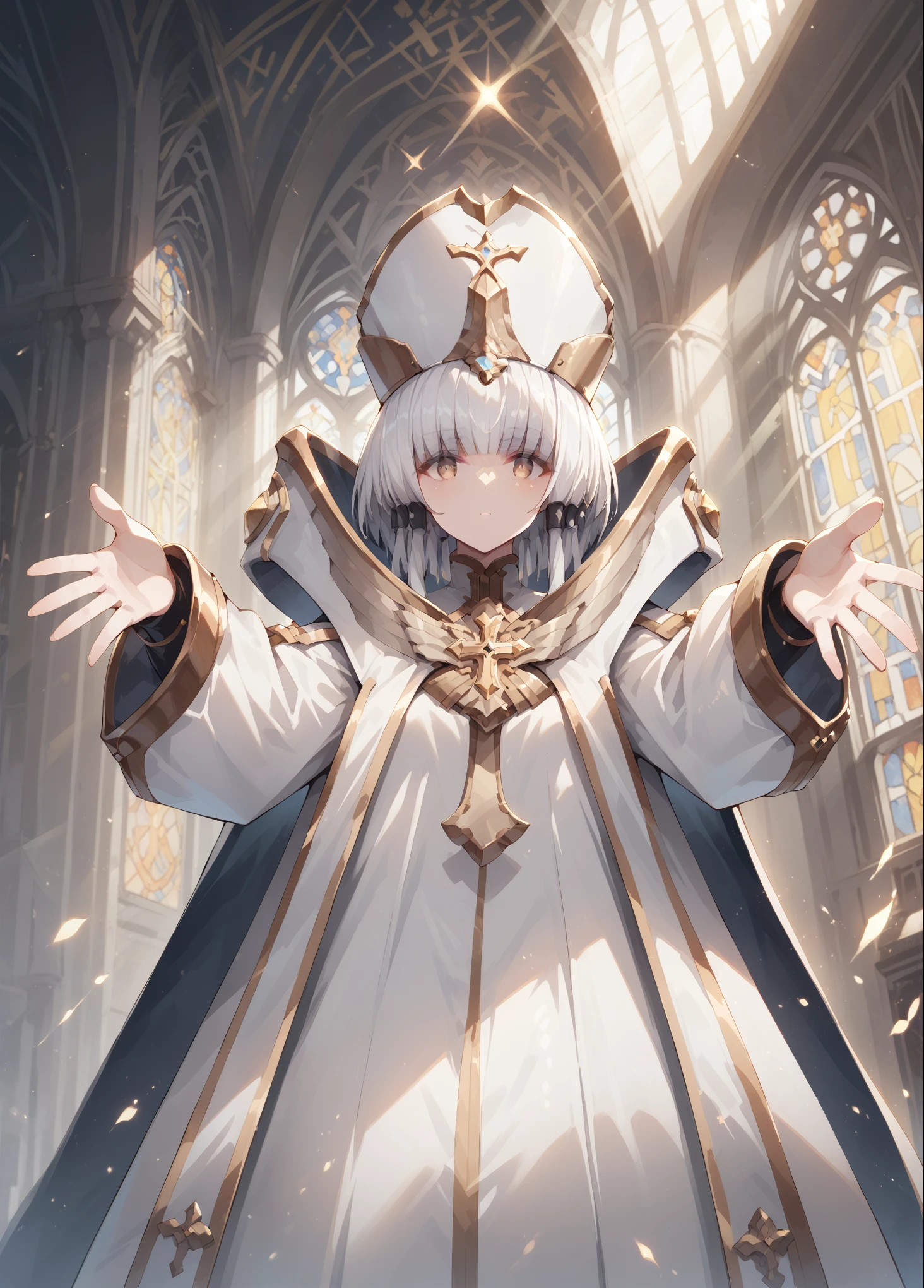 core_9, score_8_up, score_7_up, source_anime, 1girl, solo, looking at viewer, indoors, church, from below, outstretched arms, arcana, white hair, gold eyes, blunt bangs, hair tubes, short hair, long locks, white headwear, cape, white sleeves, long sleeves, cross, jewelry, forehead jewel, rays of light fall from above, giving the painting an atmosphere of divinity, full body, a little bit more mouth, big expressive mounth, all fingers are visible, bare walls