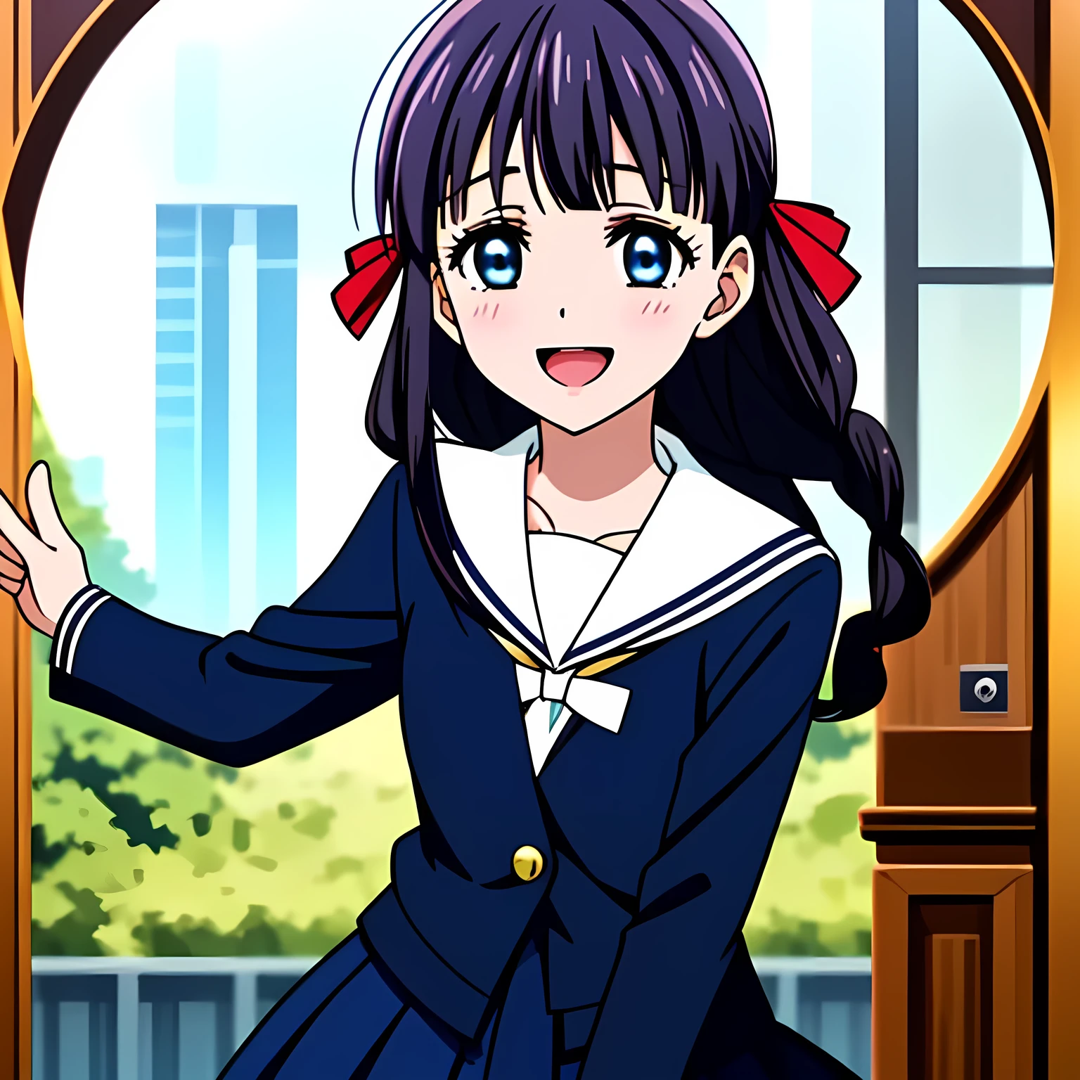 (highest quality, masterpiece, Full HD, High definition, High definition: 1.2), (Very carefully drawn CG art of a solo beautiful giggling noble elegant girl wares navy sailor-styled uniform, charming elegantly, Noble Elegant but lecherous salacious insane and lascivious, sailor uniform: 1.5), (Just one very beautiful noble heroine who is looking and laughing at me, Very detailed cute noble **** heroine's noble eyes and face, Beautiful giggling eyes with detailed: 1.4), (Super-long bottom-eyelashes: 1.2), (Girl whom everyone loves because of her beauty and lovely fashion and noble manner and mind of evil succubus and magical-charm of evil succubus: 1.0), (Very beautiful, wavy, cutely super-super-long dark-dark-blue-dark-blue rich hair, with elegant hair ribbons, spreading on whole the screen: 1.3), (Laughing very beautiful and sapphire-blue mature intelligent cute-eyes which charms and enslave me inevitably, with clearly detailed: 1.4), (Eyes are clearly detailed), (very long eyelashes: 1.0), (Realistic noble neat noble school navy-colored sailor uniform with a noble expensive glossy red ribbon on the chest: 1.4), (Realistic Charming neat navy-colored deeply pleated long expensive school skirt: 1.5), (Soprano singer of classic music: 1.6), (Can't stop giggling: 1.6), Clear skin, (Nothing except black space and stars background: 1.5), (Navy-colored tops and Navy-colored cute collar of sailor-uniform: 1.6), (Faces are especially detailed and carefully drawn.)