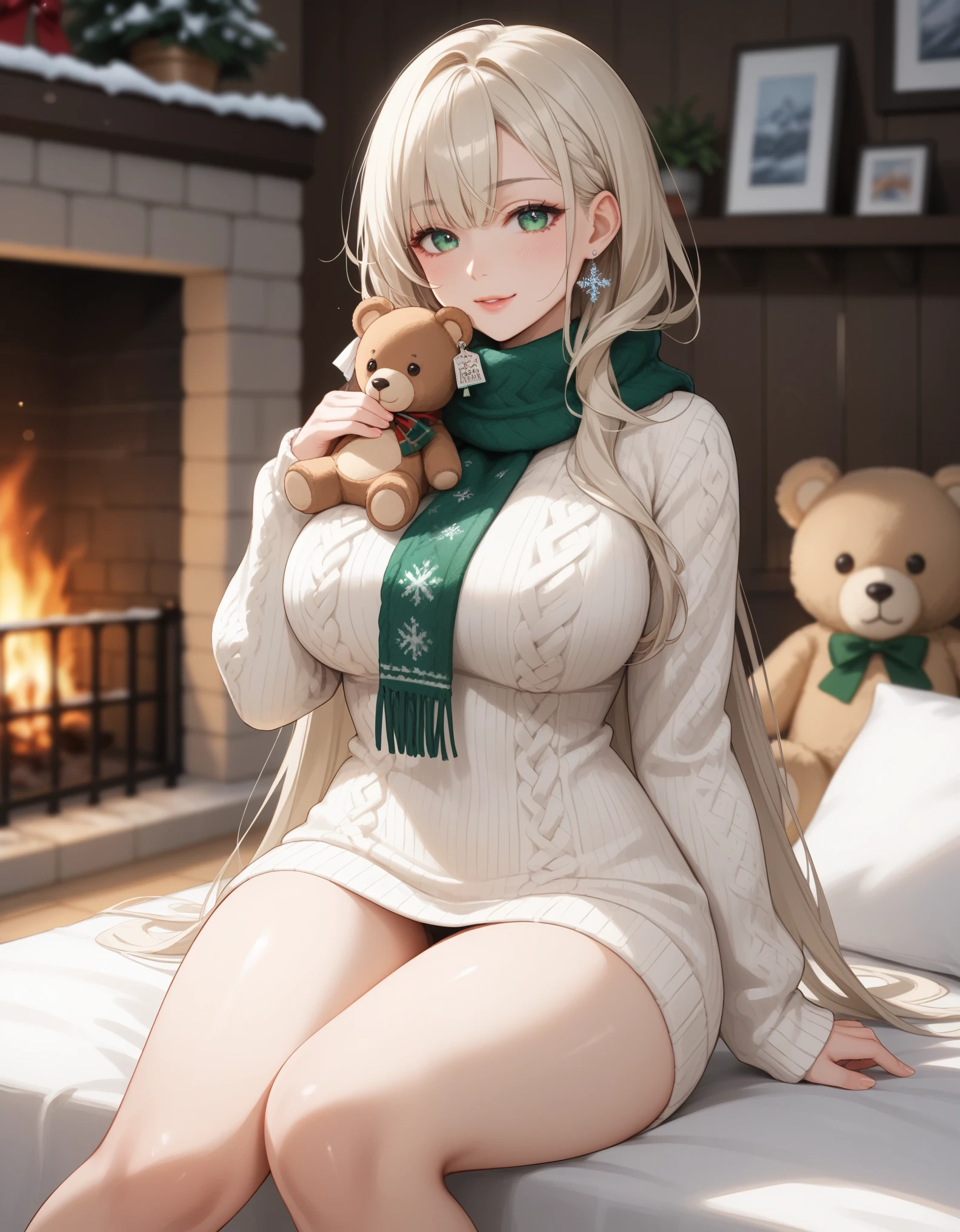 score_9, score_8_up, score_7_up, 1girl, solo, close-up portrait, gentle woman, long flowing hair, platinum blonde hair, hair with snowflakes, beautiful eyes, cozy cream-colored cable knit sweater and thick wool skirt, big breasts, (holding a big vintage teddy bear with a red and green knitted scarf), (sitting by a fireplace in a cozy cabin), warm firelight, soft snow falling outside, soft bokeh.
