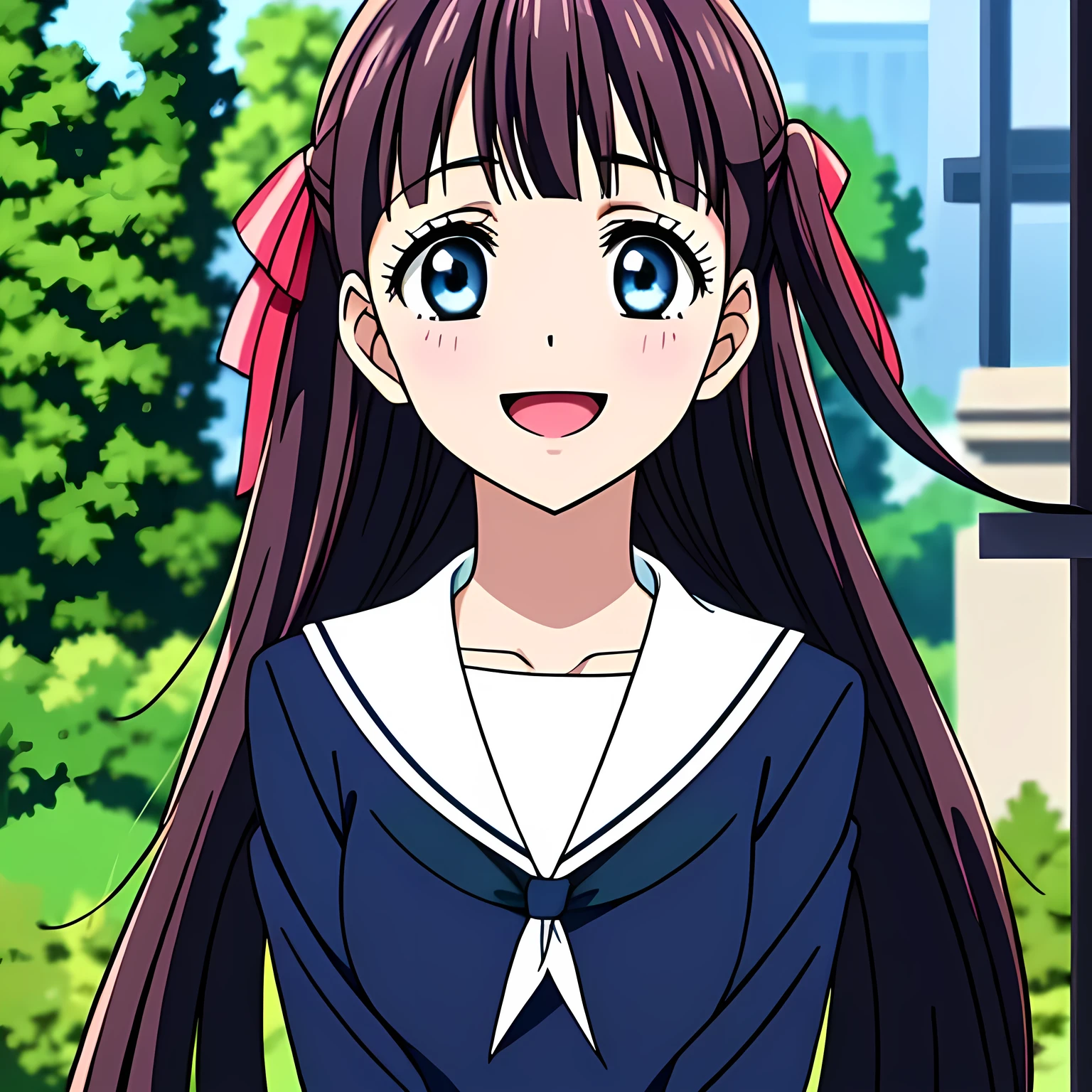 (highest quality, masterpiece, Full HD, Full color, High definition, High definition: 1.2), (Very carefully drawn CG art of a solo beautiful giggling noble elegant girl wares navy sailor-styled uniform, charming elegantly, Noble Elegant but lecherous salacious insane and lascivious, sailor uniform: 1.5), (Just one very beautiful noble heroine who is looking and laughing at me, Very detailed cute noble **** heroine's noble eyes and face, Beautiful giggling eyes with detailed: 1.4), (Super-long bottom-eyelashes: 1.2), (Girl whom everyone loves because of her beauty and lovely fashion and noble manner and mind of evil succubus and magical-charm of evil succubus: 1.0), (Very beautiful, wavy, cutely super-super-long dark-dark-blue-dark-blue rich hair, with elegant hair ribbons, spreading on whole the screen: 1.3), (Laughing very beautiful and sapphire-blue mature intelligent cute-eyes which charms and enslave me inevitably, with clearly detailed: 1.4), (Eyes are clearly detailed), (very long eyelashes: 1.0), (Realistic noble neat noble school navy-colored sailor uniform with a noble expensive glossy red ribbon on the chest: 1.4), (Realistic Charming neat navy-colored deeply pleated long expensive school skirt: 1.5), (Soprano singer of classic music: 1.6), (Can't stop giggling: 1.6), Clear skin, (Nothing except black space and stars background: 1.5), (Navy-colored tops and Navy-colored cute collar of sailor-uniform: 1.6), (Faces are especially detailed and carefully drawn.)