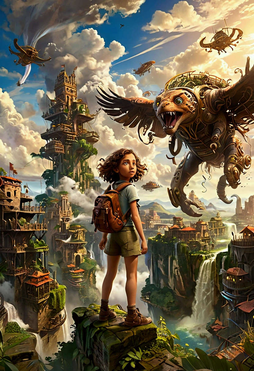  "Create a captivating book cover for a children's adventure story titled The Lost City in the Sky. The central character, Clara, an  girl with curly brown hair, is standing in the foreground. She wears a simple backpack and looks up in awe at the sky. Behind her, in the background, is the magical 'Lost City in the Sky'—a floating city among the clouds, with glowing, ancient buildings, bridges, and waterfalls cascading into the air. The colors should be vivid and mystical, with golden sunlight reflecting off the clouds and the city. Clara should be standing confidently in a grassy field, gazing at the majestic city above her."
looking at the camera, a one-eyed creature with a long body attacking them, cinematic images, high quality and detailed, 4K