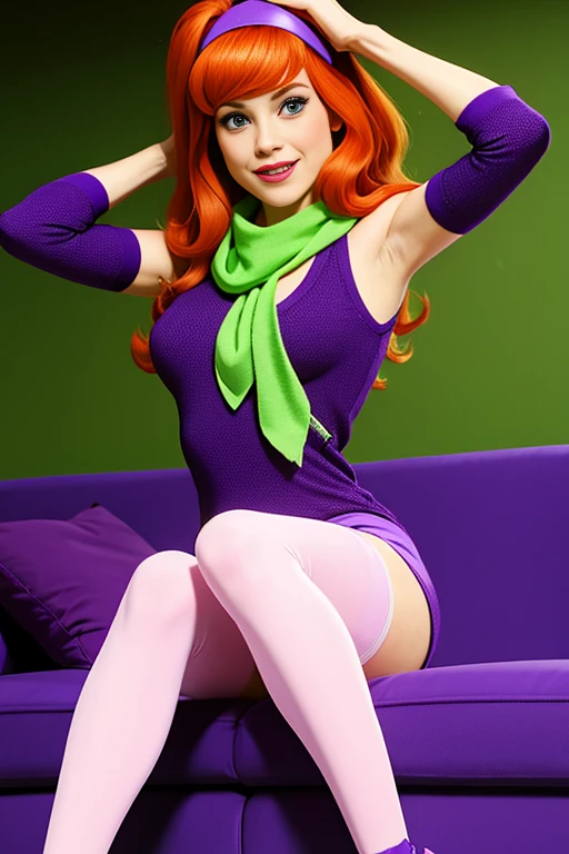 Daphne Blake, 1girl, solo, long hair, hairband, orange hair, purple mini-dress, pink pantyhose, purple shoes, and a green scarf, green eyes, seductive smile, cowboy shot, upper body, smile, looking at viewer, haunted house, score_9, score_8_up, score_7_up, score_6_up, score_5_up, score_4_up