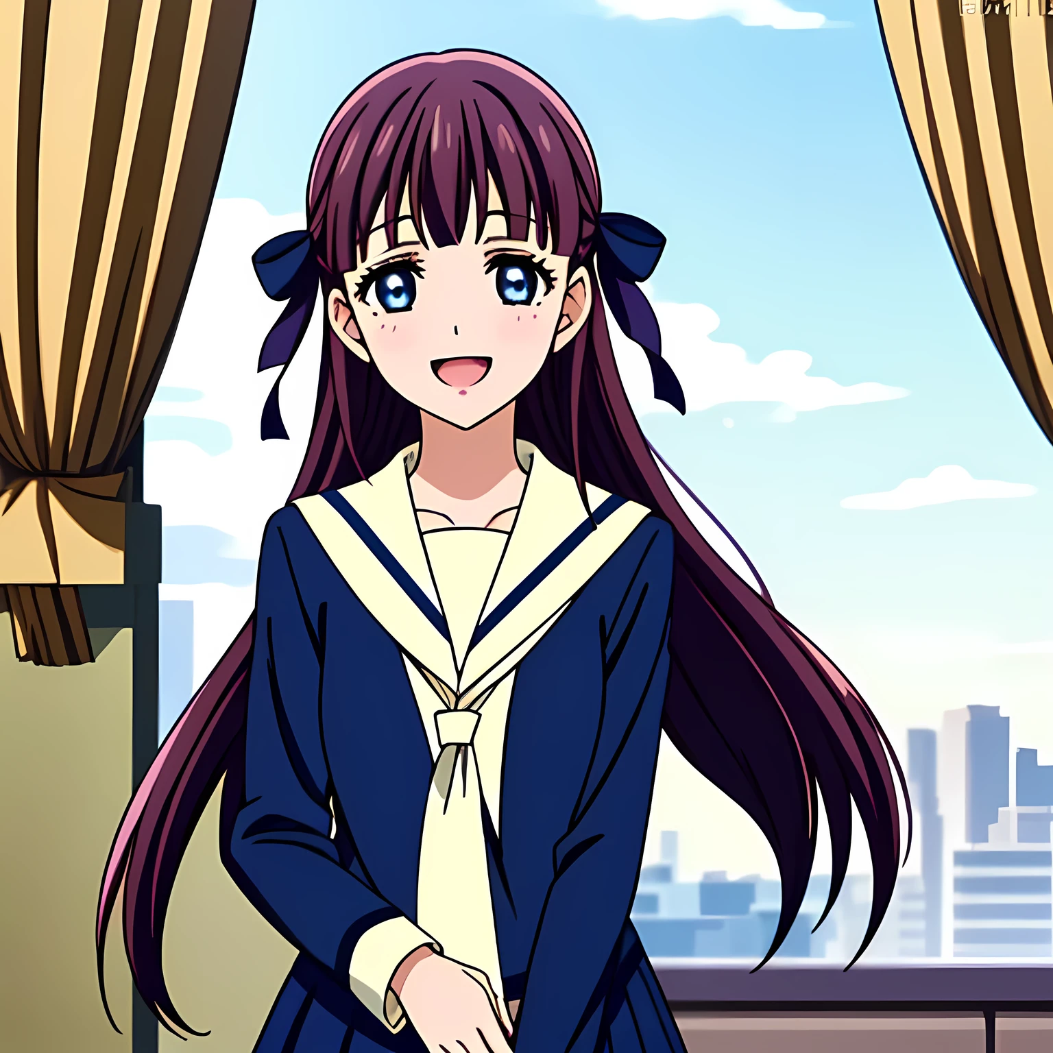 (highest quality, masterpiece, Full HD, Full color, High definition, High definition: 1.2), (Very carefully drawn cover of anime magazine, Solo beautiful giggling noble elegant girl wares navy sailor-styled uniform, charming elegantly, Noble Elegant but lecherous salacious insane and lascivious, sailor uniform: 1.5), (Just one very beautiful noble heroine who is looking and laughing at me, Very detailed cute noble **** heroine's noble eyes and face, Beautiful giggling eyes with detailed: 1.4), (Super-long bottom-eyelashes: 1.2), (Girl whom everyone loves because of her beauty and lovely fashion and noble manner and mind of evil succubus and magical-charm of evil succubus: 1.0), (Very beautiful, wavy, cutely super-super-long dark-dark-blue-dark-blue rich hair, with elegant hair ribbons, spreading on whole the screen: 1.3), (Laughing very beautiful and sapphire-blue mature intelligent cute-eyes which charms and enslave me inevitably, with clearly detailed: 1.4), (Eyes are clearly detailed), (very long eyelashes: 1.0), (Realistic noble neat noble school navy-colored sailor uniform with a noble expensive glossy red ribbon on the chest: 1.4), (Realistic Charming neat navy-colored deeply pleated long expensive school skirt: 1.5), (Soprano singer of classic music: 1.6), (Can't stop giggling: 1.6), Clear skin, (Nothing except black space and stars background: 1.5), (Navy-colored tops and Navy-colored cute collar of sailor-uniform: 1.6), (Faces are especially detailed and carefully drawn.)