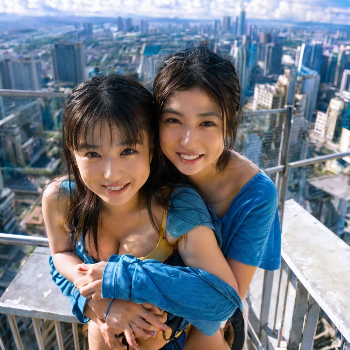 Identical twin sisters hugging each other、hug、(8k、Live Shooting、Highest quality、masterpiece:1.2)、Very detailed、Super Resolution、(Hyper Genuineity、)Very detailed、Super Resolution、(Genuine、Actual Photos:1.47)、 Accurate anatomy、exhilarating roのwonderful selfie の a confident womの with black hair in a long,She beams as she looks out over the ultra-modern city below.... This high のgle,Fisheye lens photo の her in mountaineering clothes、Accentuate the spaghetti straps **** wonderful,Climbing Pのts,a 、This aerial photograph was completed...,