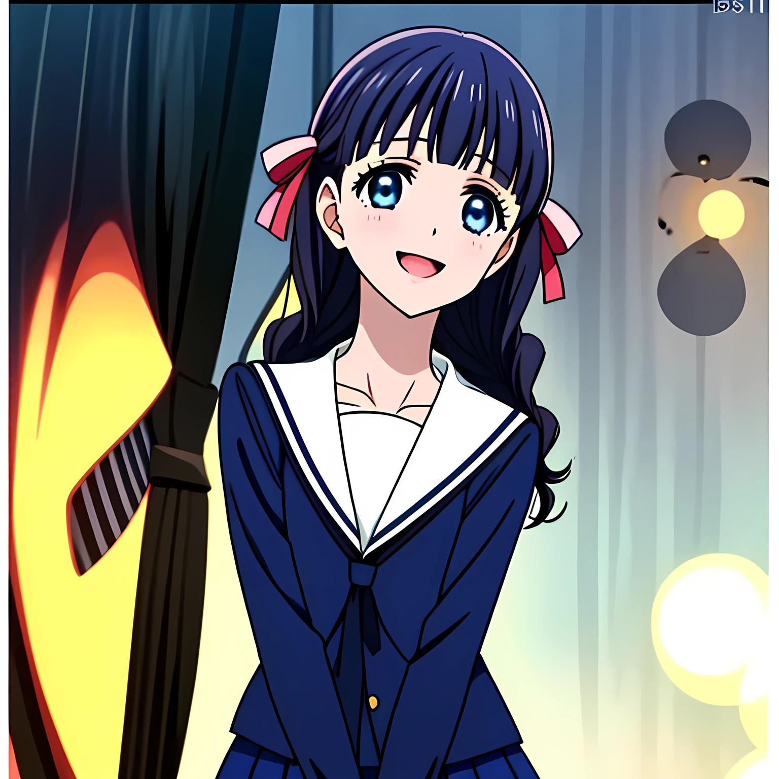 (highest quality, masterpiece, Full HD, Full color, High definition, High definition: 1.2), (Very carefully drawn cover of anime magazine, Solo beautiful giggling noble elegant girl wares navy sailor-styled uniform, charming elegantly, Noble Elegant but lecherous salacious insane and lascivious, sailor uniform: 1.5), (Just one very beautiful noble heroine who is looking and laughing at me, Very detailed cute noble **** heroine's noble eyes and face, Beautiful giggling eyes with detailed: 1.4), (Super-long bottom-eyelashes: 1.2), (Girl whom everyone loves because of her beauty and lovely fashion and noble manner and mind of evil succubus and magical-charm of evil succubus: 1.0), (Very beautiful, wavy, cutely super-super-long dark-dark-blue-dark-blue rich hair, with elegant hair ribbons, spreading on whole the screen: 1.3), (Laughing very beautiful and sapphire-blue mature intelligent cute-eyes which charms and enslave me inevitably, with clearly detailed: 1.4), (Eyes are clearly detailed), (very long eyelashes: 1.0), (Realistic noble neat noble school navy-colored sailor uniform with a noble expensive glossy red ribbon on the chest: 1.4), (Realistic Charming neat navy-colored deeply pleated long expensive school skirt: 1.5), (Soprano singer of classic music: 1.6), (Can't stop giggling: 1.6), Clear skin, (Nothing except black space and stars background: 1.7), (Navy-colored tops and Navy-colored cute collar of sailor-uniform: 1.6), (Faces are especially detailed and carefully drawn.)