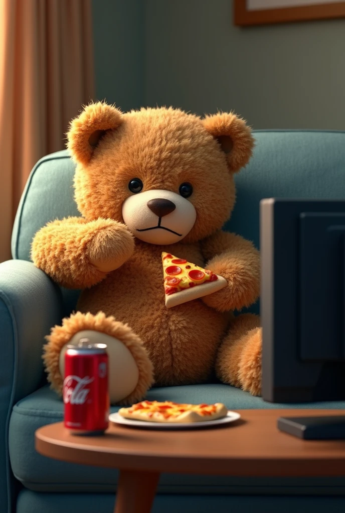 Teddy Bear　Watching TV, drinking coke and eating pizza　Not very cute