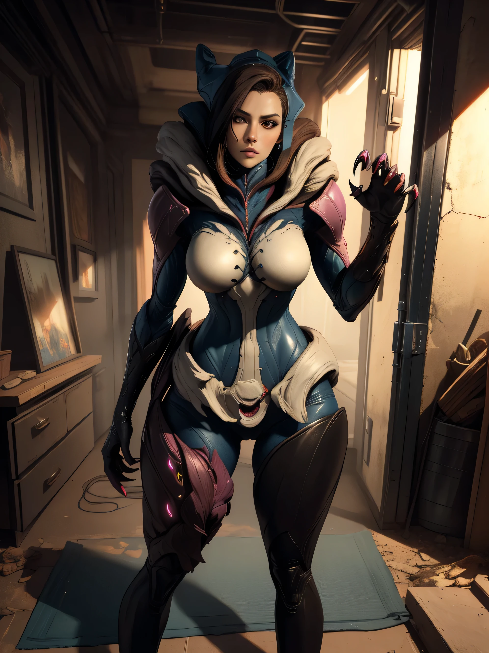 semi-realistic. Saryn, standing, frontview, looking to the viewer. /she looks to the viewer), (((brunette human face))),  abadoned lavoratory. (insanely detailed,masterpiece, best quality),solo, claws. sharp feet.