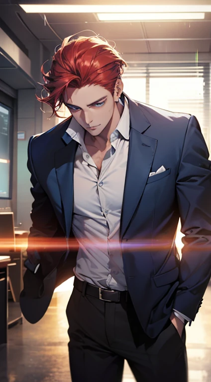 He is an alluring incubus with mesmerizing purple eyes outlined in a captivating blue hue. His fiery ginger hair adds a touch of boldness to his captivating appearance. He stands tall, exuding an irresistible charm. Wearing lingerie.