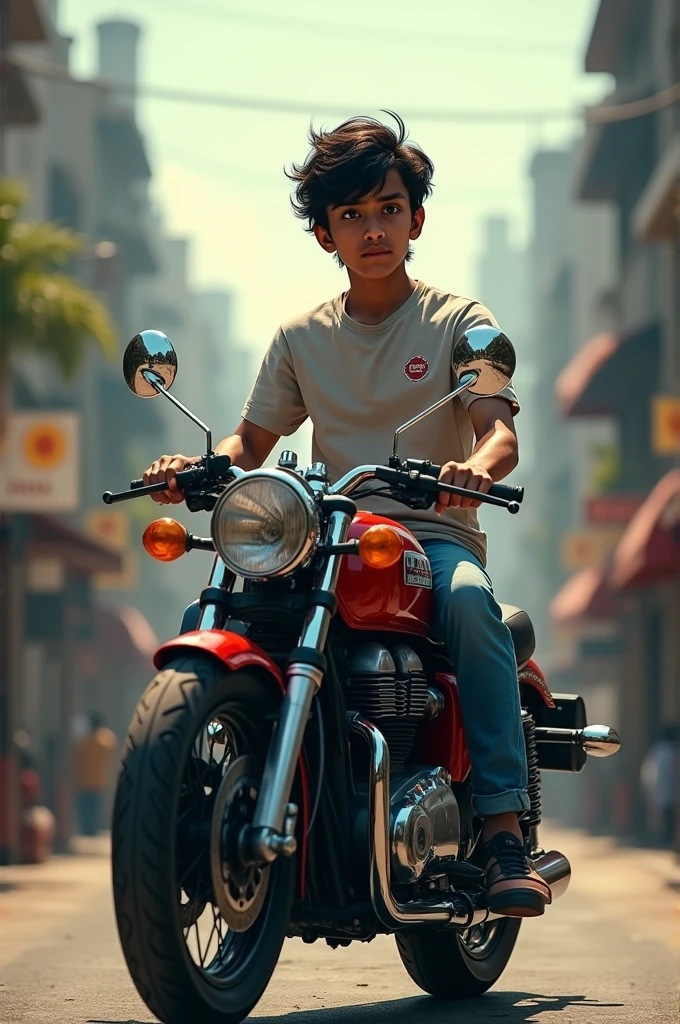 Young boy driving royal enfield