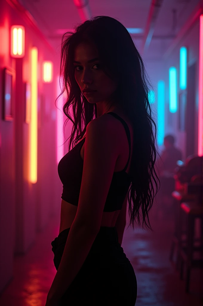 8k Beautiful Naked Asian Woman With big tits, on the space with a Neon Colors behind