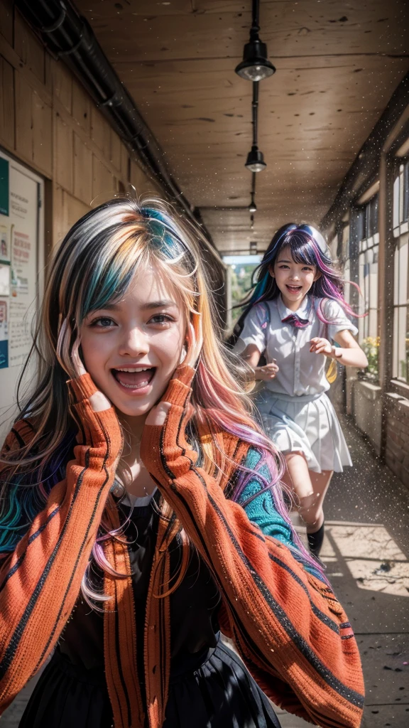 {{masterpiece}}, highest quality, Highly detailed CG Unity 8K wallpaper, cinematic lighting, Lens flare, beautiful detailed eyes, black, side line, multi-colored hair, colorful light, particle, heterochromia, (colorful:1.5), (colorful hair:1.5),2 young girls wearing school uniforms black and white,running in the school garden,laughing,teeth,
