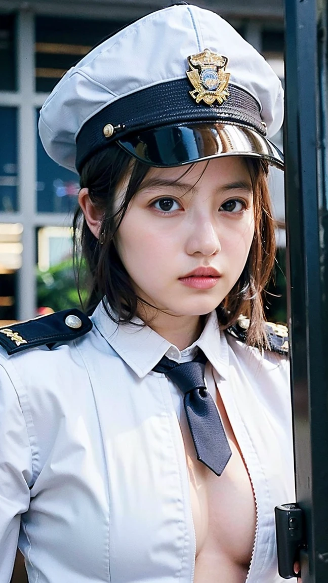 4K,1、(((topless))), High resolution, Very detailed), 1 female, 、(Short Bob:1.8、Brown Hair)、((Female police officer:1.4、uniform、limited cap、uniformボタン、tie、uniform jacket)
