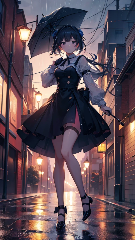 masterpiece, Highest quality, Highly detailed CG Unity 8k wallpaper, rainy night city street. Silhouette illustration of a girl dancing without an umbrella. It seems to be illuminated by street lamps and moonlight like a spotlight.. The cityscape is depicted in a precise and realistic way., High-resolution details. The focus is on girls、The background is blurred. Octane Rendering Style. Light particles all over.
