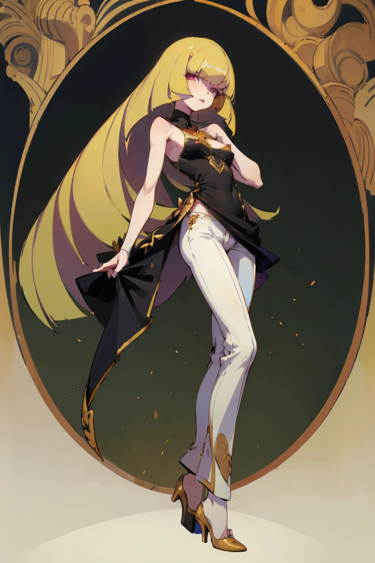 NSFW,((Highest quality)), ((masterpiece)), (Familiar), Lusamine,thin,thin,Long blonde hair,Small breasts,Erect nipples,Adult female,Green Eyes,Slanted Eyes,Sleeveless dress,Black Dress,Gold embroidery,White pants style,High heels,Fascinating
