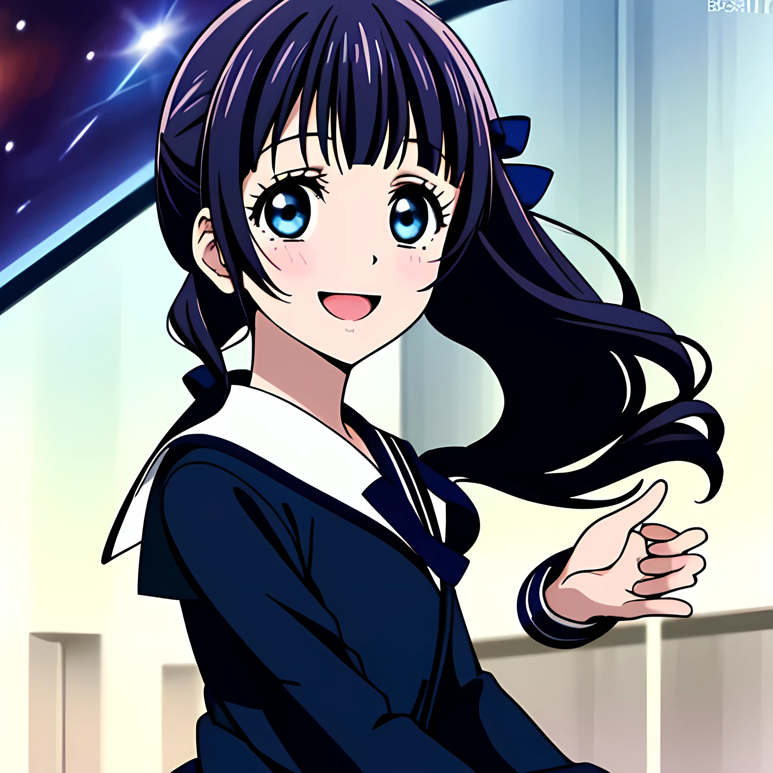 (highest quality, masterpiece, Full HD, Full color, High definition, High definition: 1.2), (Very carefully drawn cover of anime magazine, Solo beautiful giggling noble elegant girl wares navy sailor-styled uniform and flying in space, charming elegantly, Noble Elegant but lecherous salacious insane and lascivious, sailor uniform: 1.5), (Just one very beautiful noble heroine who is looking and laughing at me, Very detailed cute noble yo heroine's noble eyes and face, Beautiful giggling eyes with detailed: 1.4), (Super-long bottom-eyelashes: 1.2), (Girl whom everyone loves because of her beauty and lovely fashion and noble manner and mind of evil succubus and magical-charm of evil succubus: 1.0), (Very beautiful, wavy, cutely super-super-long dark-dark-blue-dark-blue rich hair, with elegant hair ribbons, spreading on whole the screen: 1.3), (Laughing very beautiful and sapphire-blue mature intelligent cute-eyes which charms and enslave me inevitably, with clearly detailed: 1.4), (Eyes are clearly detailed), (very long eyelashes: 1.0), (Realistic noble neat noble school navy-colored sailor uniform with a noble expensive glossy red ribbon on the chest: 1.4), (Realistic Charming neat navy-colored deeply pleated long expensive school skirt: 1.5), (Soprano singer of classic music: 1.6), (Can't stop giggling: 1.6), Clear skin, (Nothing except black space and stars background: 1.7), (Navy-colored tops and Navy-colored cute collar of sailor-uniform: 1.6), (Faces are especially detailed and carefully drawn.), Shooting from the side