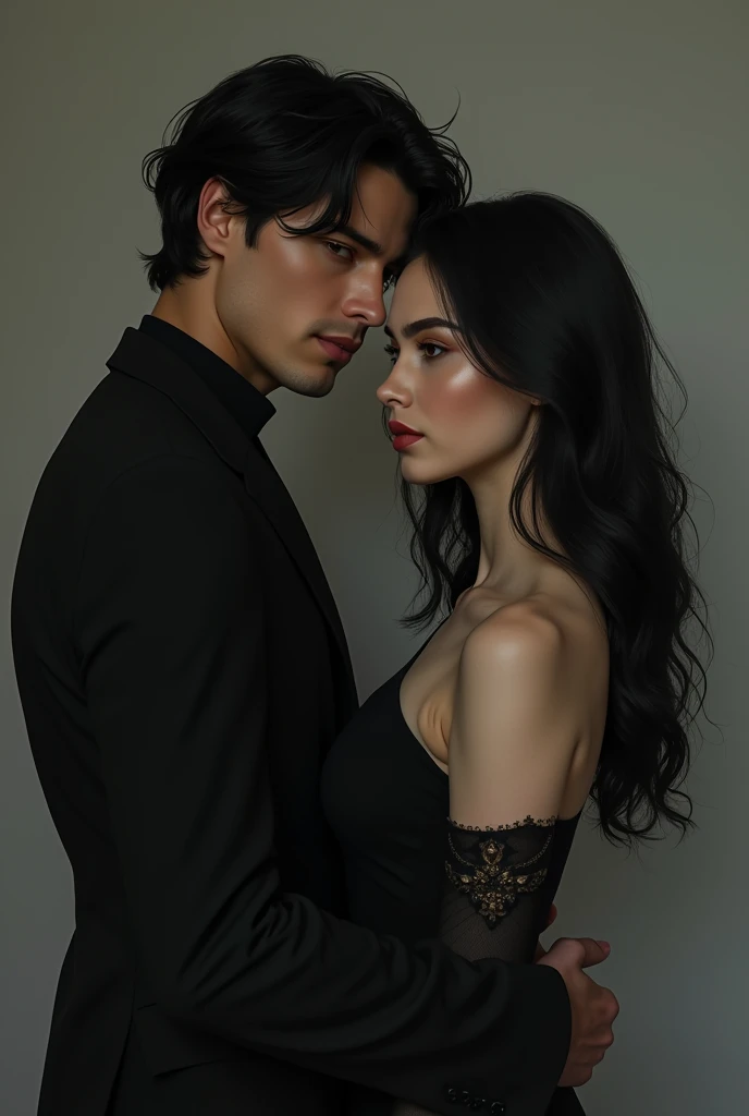 Girl in a room, the lighting is minimal, She has very long black hair, green eyes, thin nose and very pale skin. She wears a white silk robe that shows her shoulders.. She will be with a boy with Sebastian Stan features, very attractive, black fur, black eyes, pale skin and tall. He wears an elegant black suit