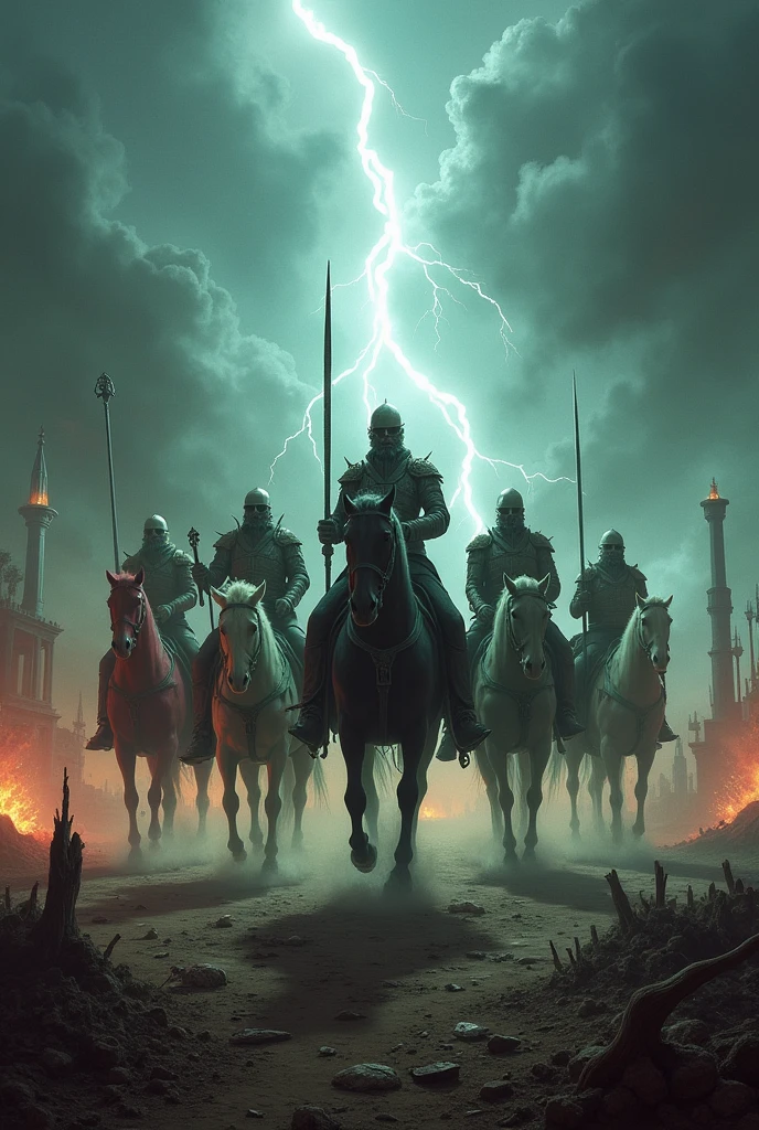 Arafed image of a group of people riding horses in a field, Elden Ring cinematic lighting, undead soldiers in the background, heavy metal band promotion, animation screenshot, khorne, black shirt under armor, movie trailer, bw 3 d render, rivers of blood, dark castle background